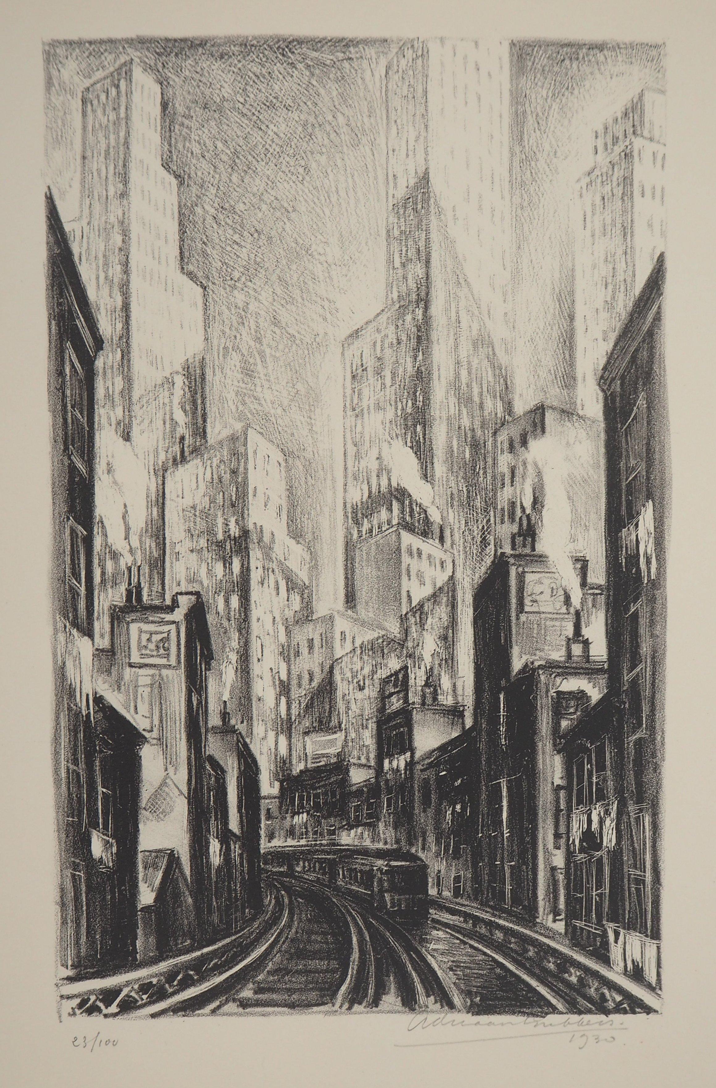 Nueva York, El El en Chatham Square - Litografía original , Firmada a mano / 100 - Print moderno estadounidense de Adriaan Lubbers
