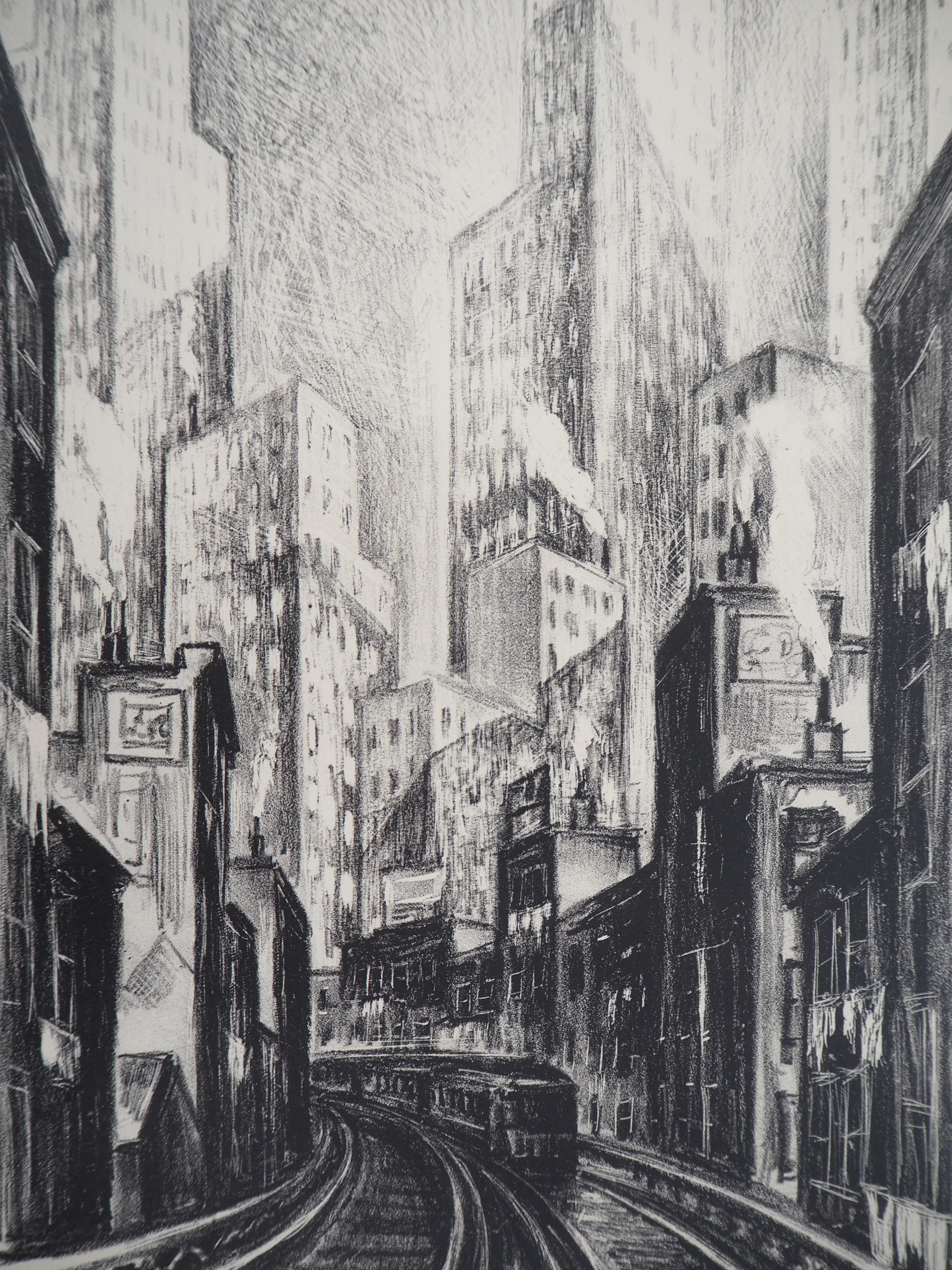 Nueva York, El El en Chatham Square - Litografía original , Firmada a mano / 100 - Landscape Print Gris de Adriaan Lubbers