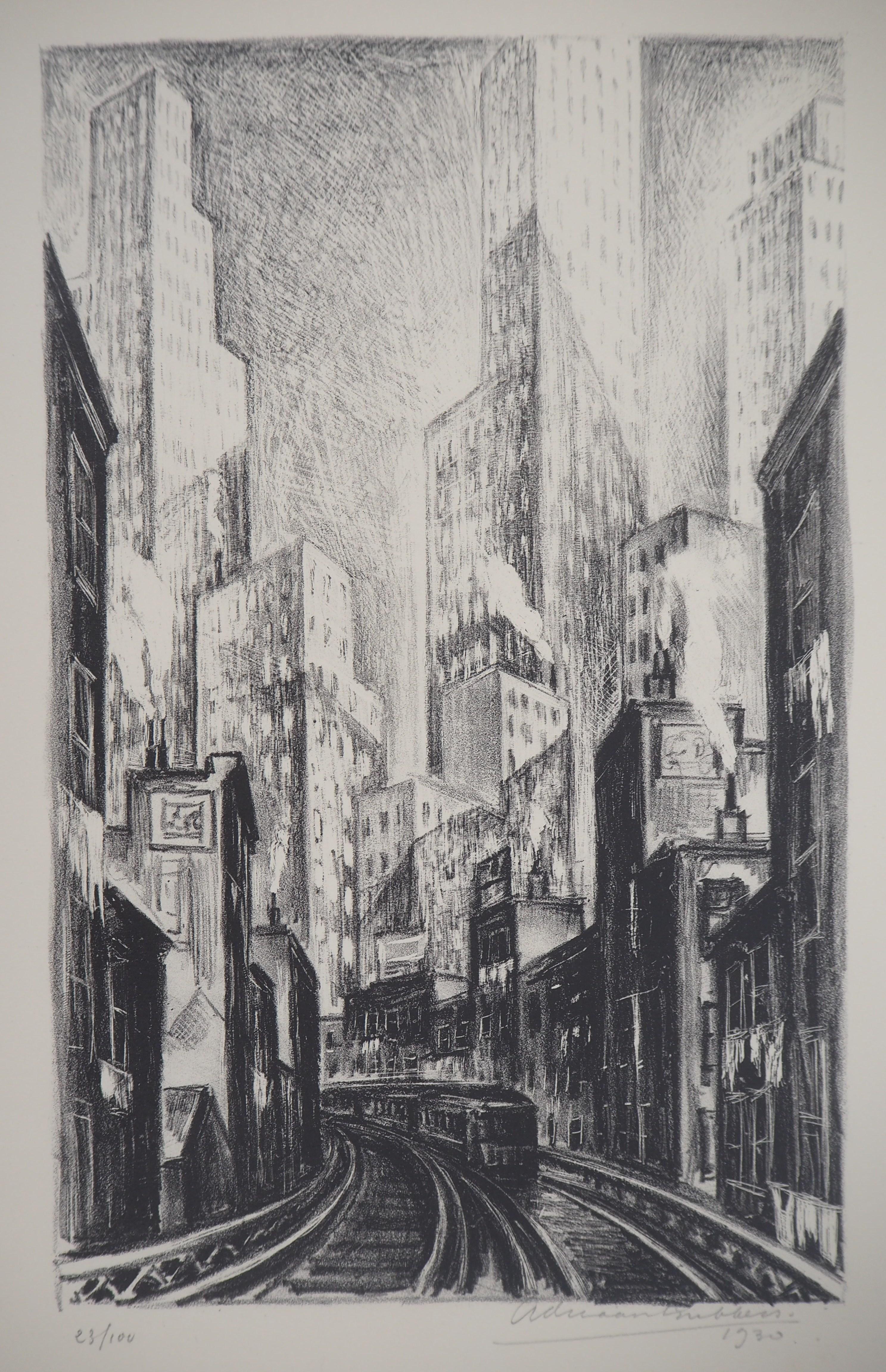 New York City, Die Hochbahn am Chatham Square - Original-Lithographie, handsigniert / 100 im Angebot 3
