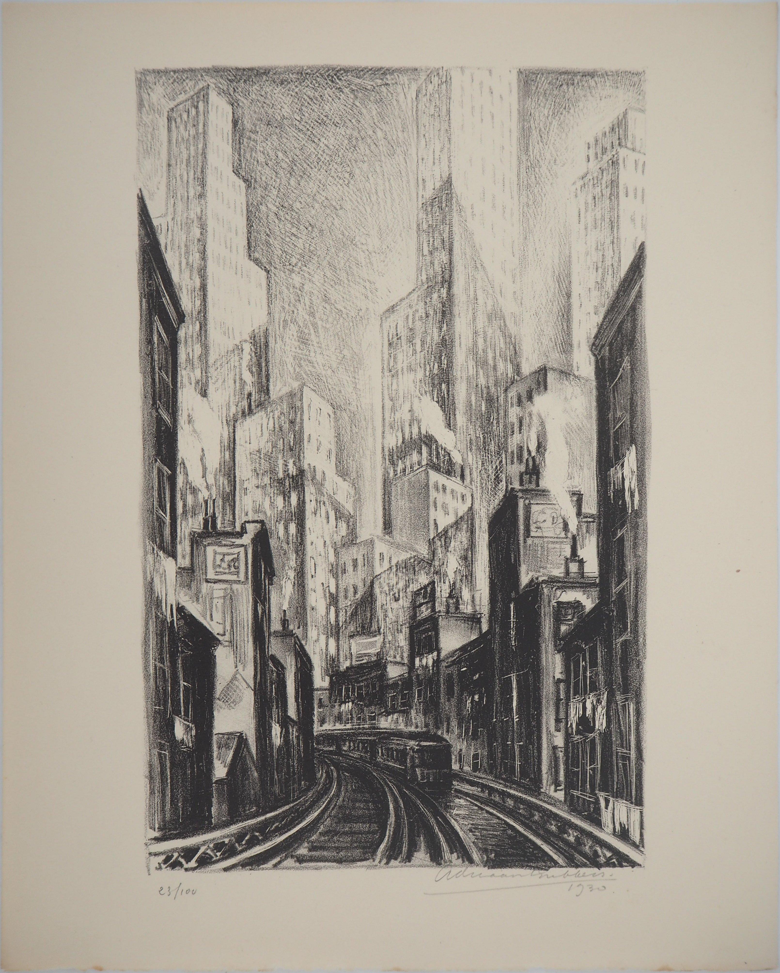 Landscape Print de Adriaan Lubbers - Nueva York, El El en Chatham Square - Litografía original , Firmada a mano / 100