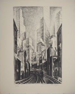 Nueva York, El El en Chatham Square - Litografía original , Firmada a mano / 100