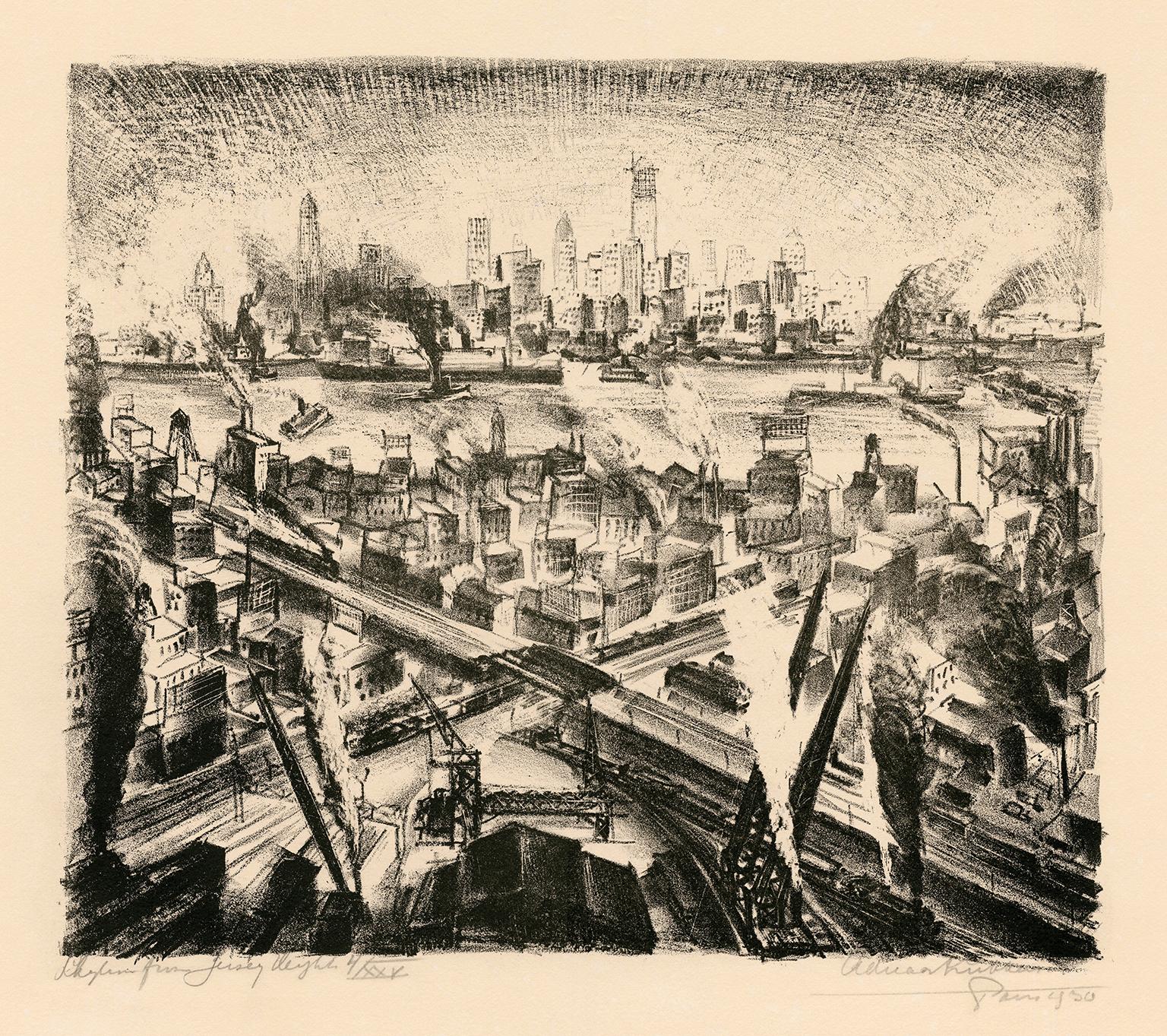 Adriaan Lubbers Figurative Print - 'Skyline from Jersey Heights' — 1930s Modernism