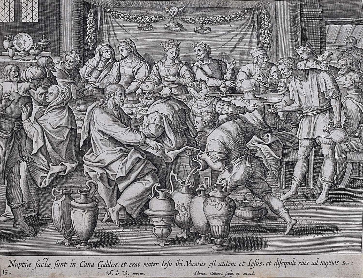 Adriaen Collaert Figurative Print - Adrian Collaert 17th Century Engraving Wedding at Cana Martin de Vos