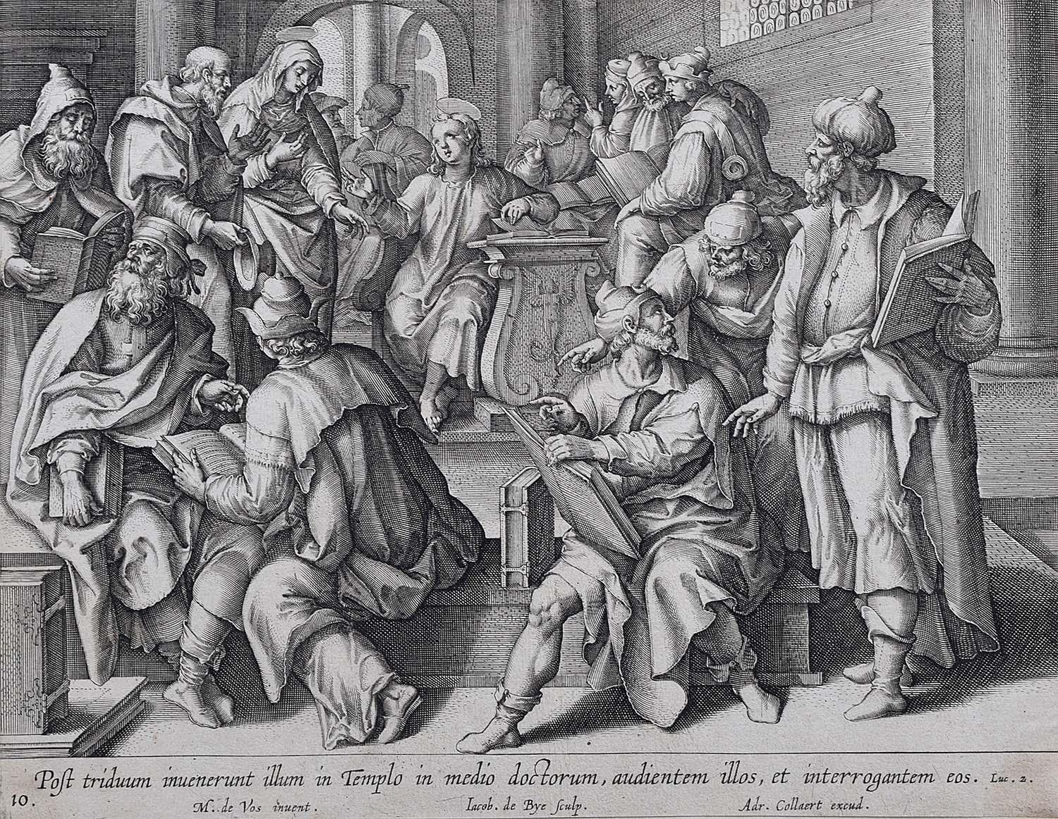 Figurative Print Adriaen Collaert - Adrian Collaert 17e C. de vos gravure Christ au temple avec les docteurs