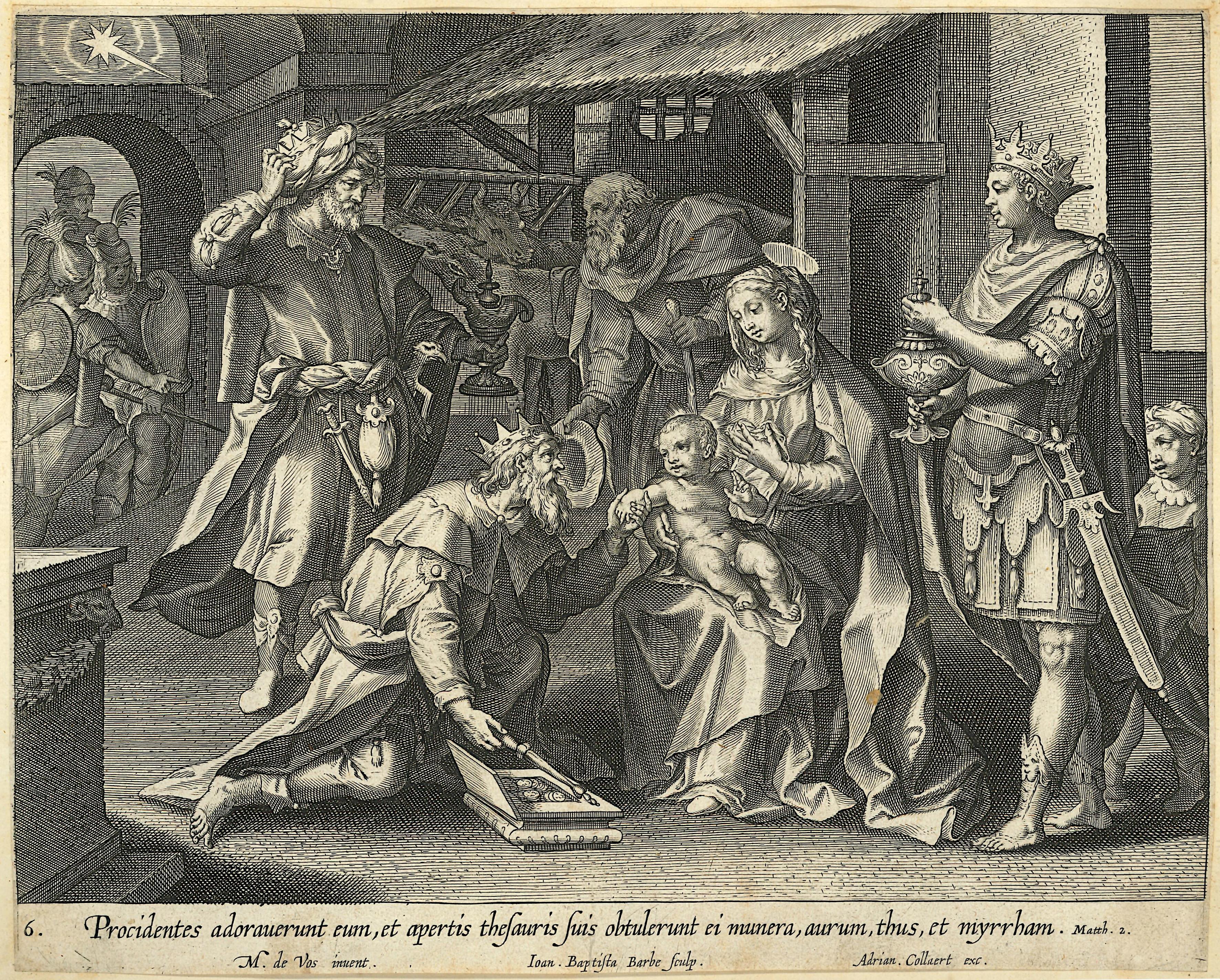 Adriaen Collaert Figurative Print - Adrian Collaert 17th Century engraving Martin de Vos The Visitation of the Magi
