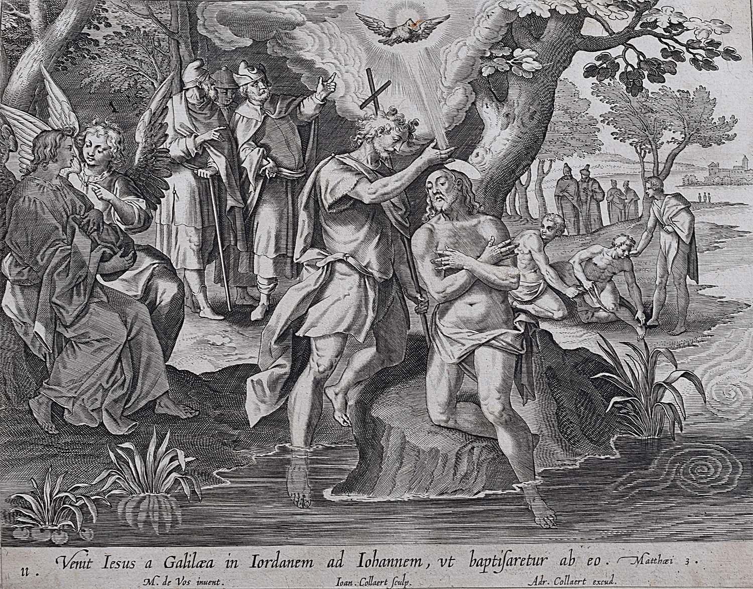Adriaen Collaert Figurative Print - Adrian Collaert 17th Century The Baptism of Christ Engraving Martin de Vos