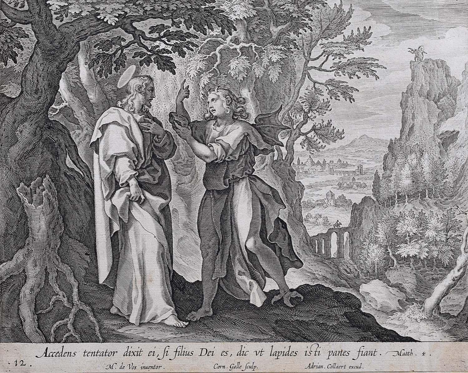 Adriaen Collaert Figurative Print - Adrian Collaert 17th Century The Temptation of Christ Engraving Martin de Vos