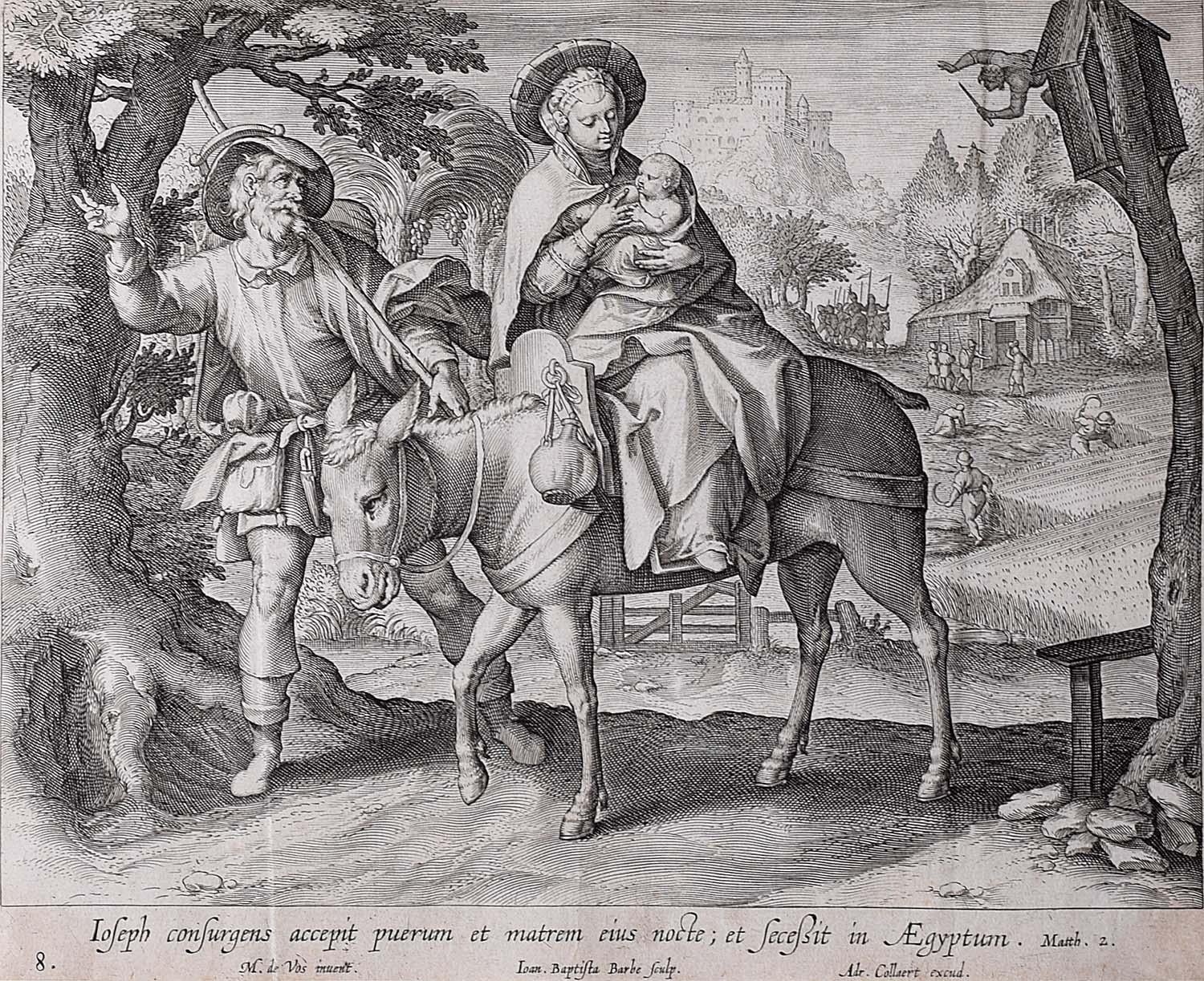Adriaen Collaert Figurative Print - Adrian Collaert Martin de Vos 17th Century Engraving Flight into Egypt print