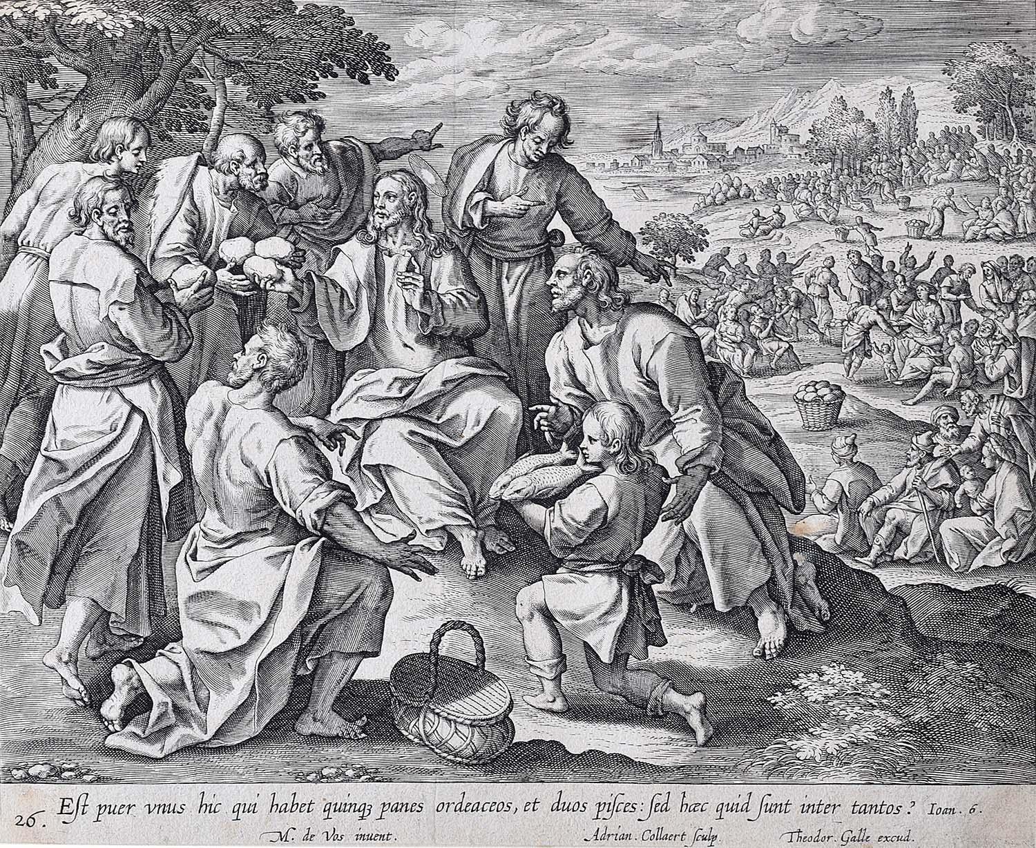 Adriaen Collaert Figurative Print - Adrian Collaert Martin de Vos 17th Century engraving Jesus' Feeding of the 5000