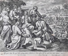 Antique Adrian Collaert Martin de Vos 17th Century engraving Jesus' Feeding of the 5000