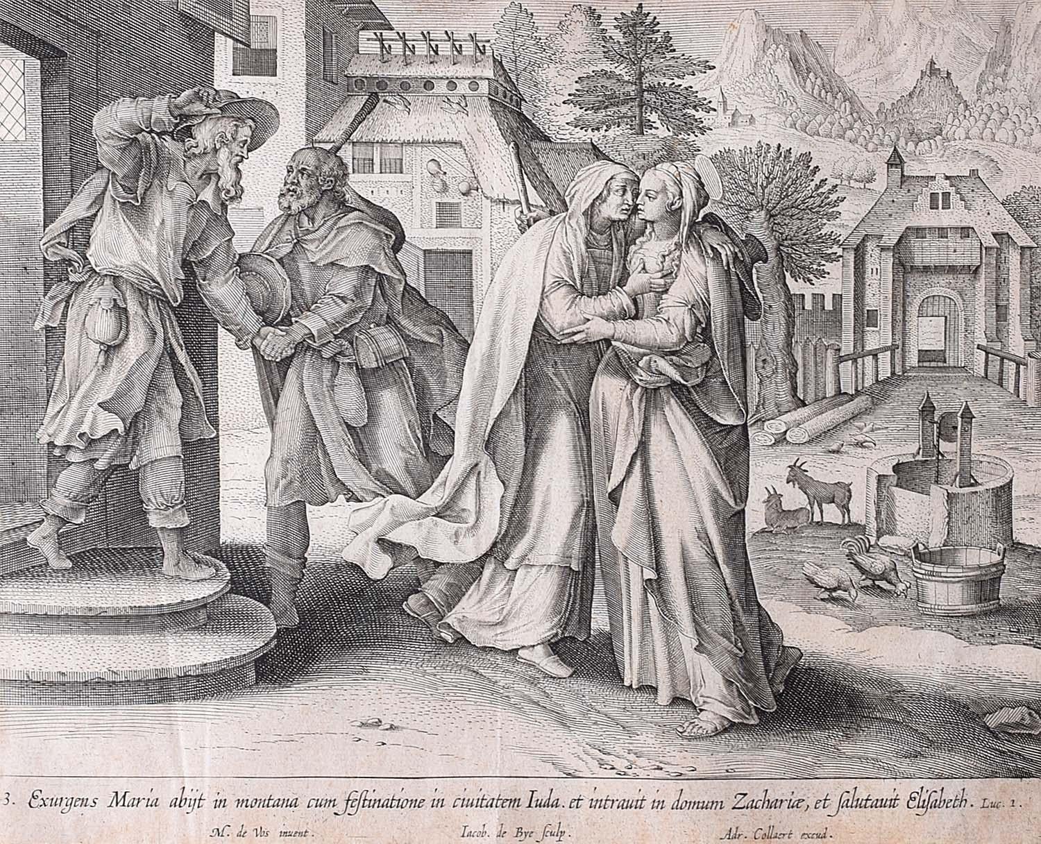 Figurative Print Adriaen Collaert - Adrian Collaert Martin de Vos Gravure du 17e siècle Marie visite Elisabeth