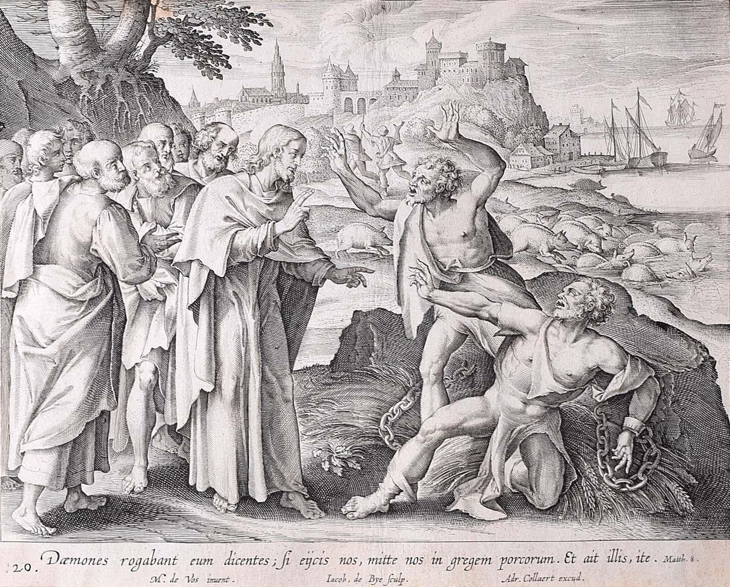 Adriaen Collaert Landscape Print - Adrian Collaert Martin de Vos 17th Century Engraving: The Daemons and the Pigs