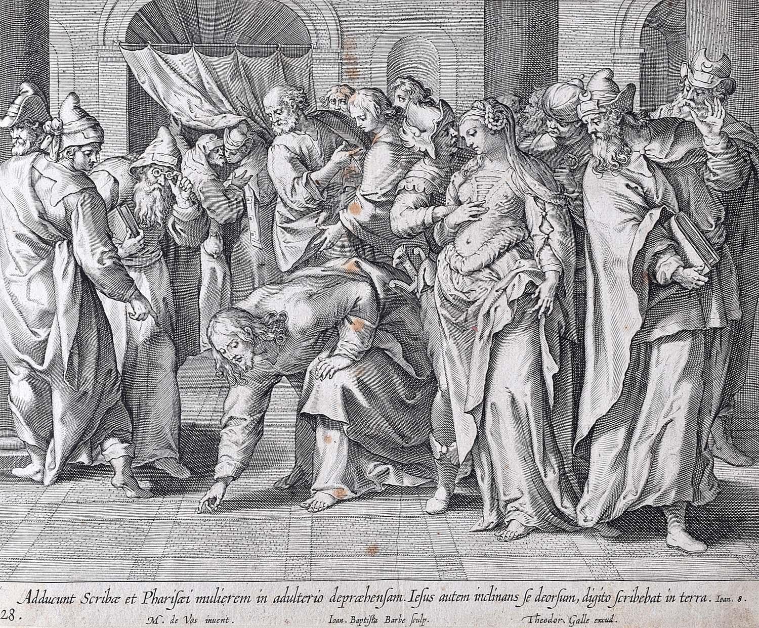Adrian Collaert Martin de Vos 17th Century engraving The woman and the Pharisees