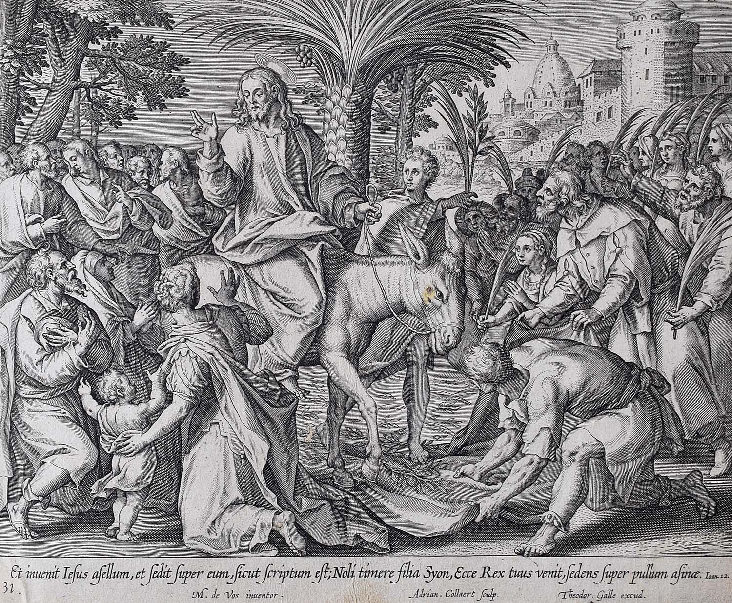 Adriaen Collaert Figurative Print - Adrian Collaert Martin de Vos 17th Century engraving Triumphal Entry Jerusalem