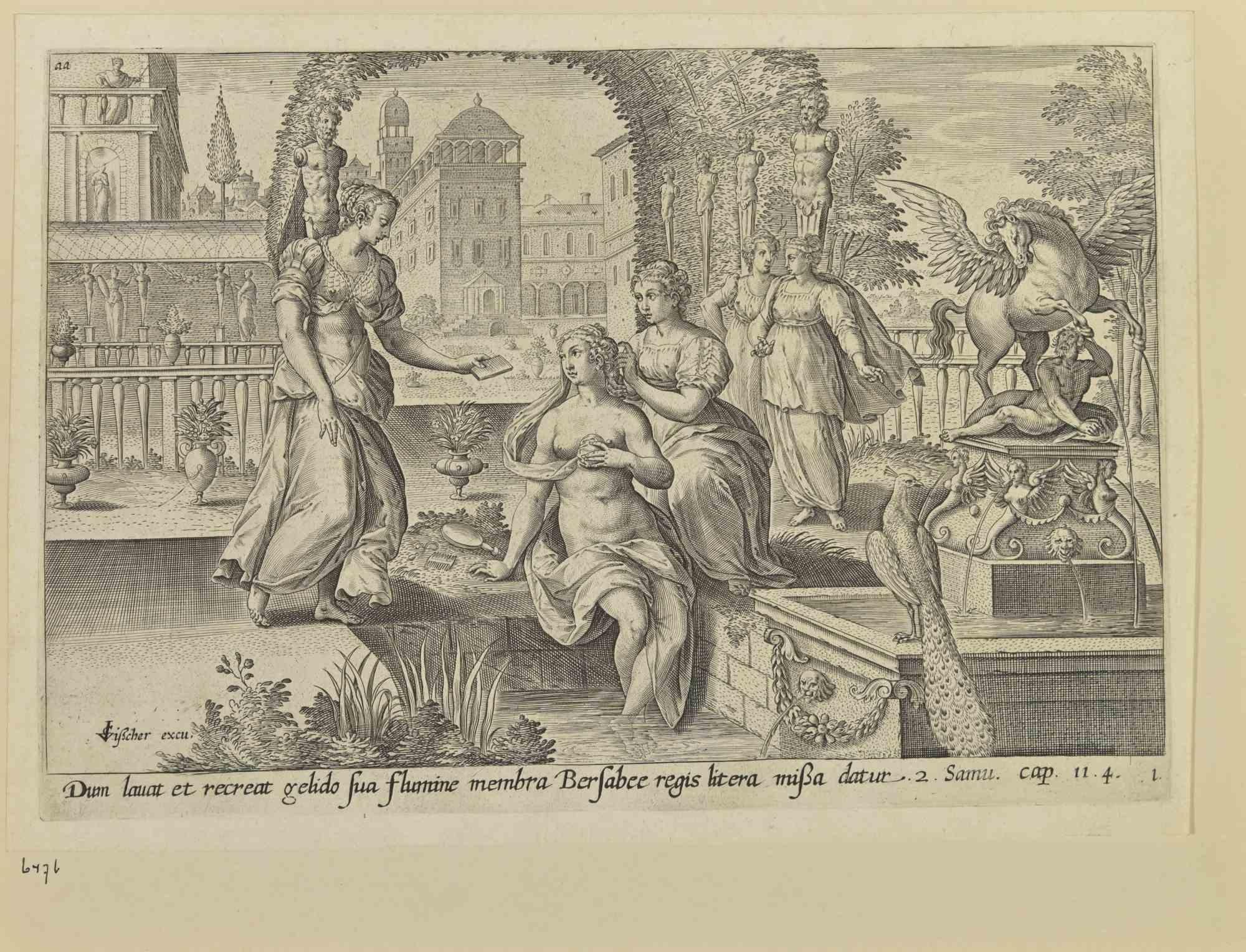 Adriaen Collaert Figurative Print - Bathsheba Receiving David's Letter - Etching after Adriaen Collae - 17th Century