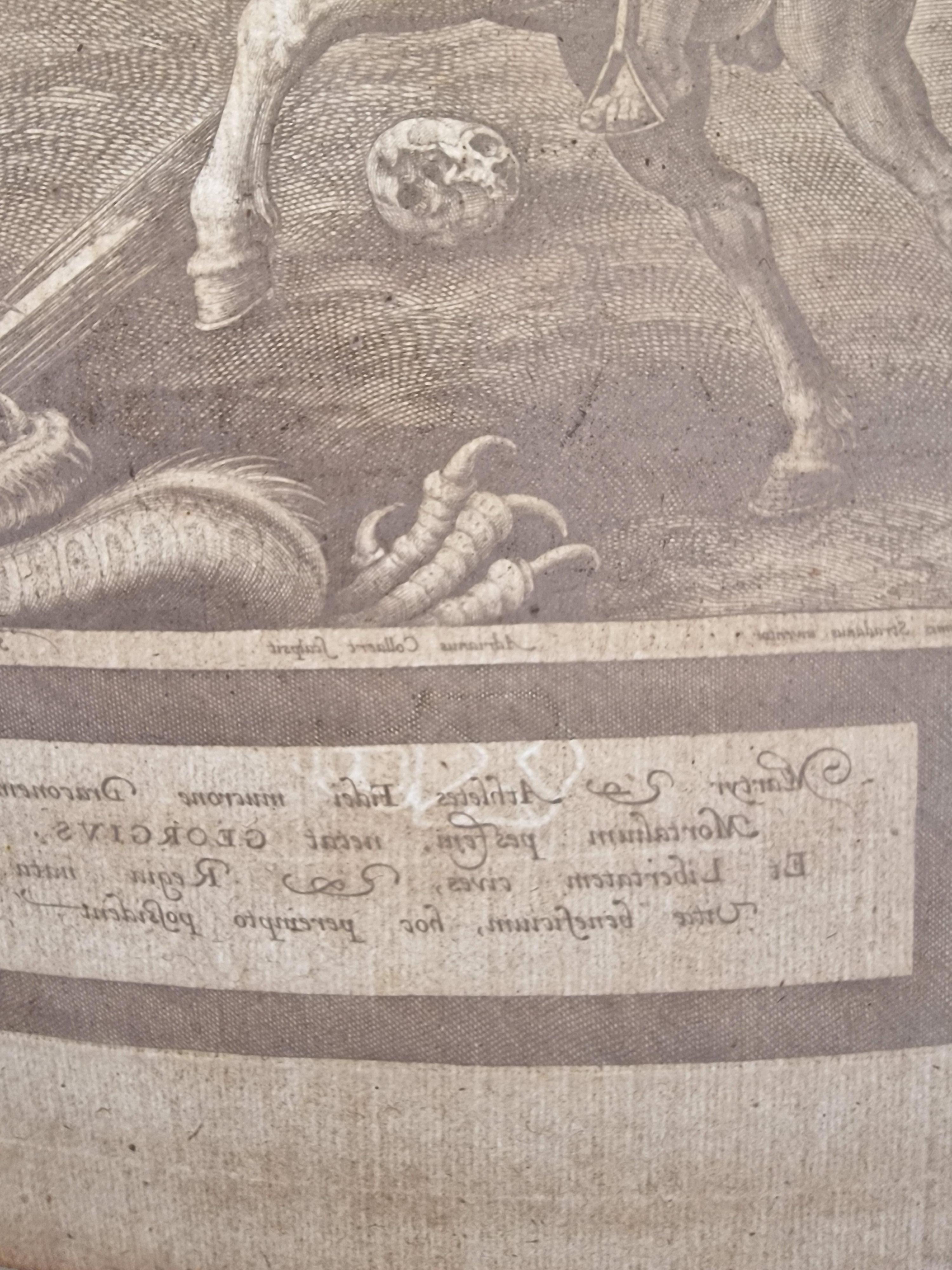 Adriaen COLLAERT
Anvers 1560-1618
Saint George.
Eau forte.
Bon état de conservation, papier empoussiéré, tâches éparses sans atteinte au sujet, trace d’ancien montage, quelques plis de manipulations, un ancien pli diagonal dans le coin supérieur