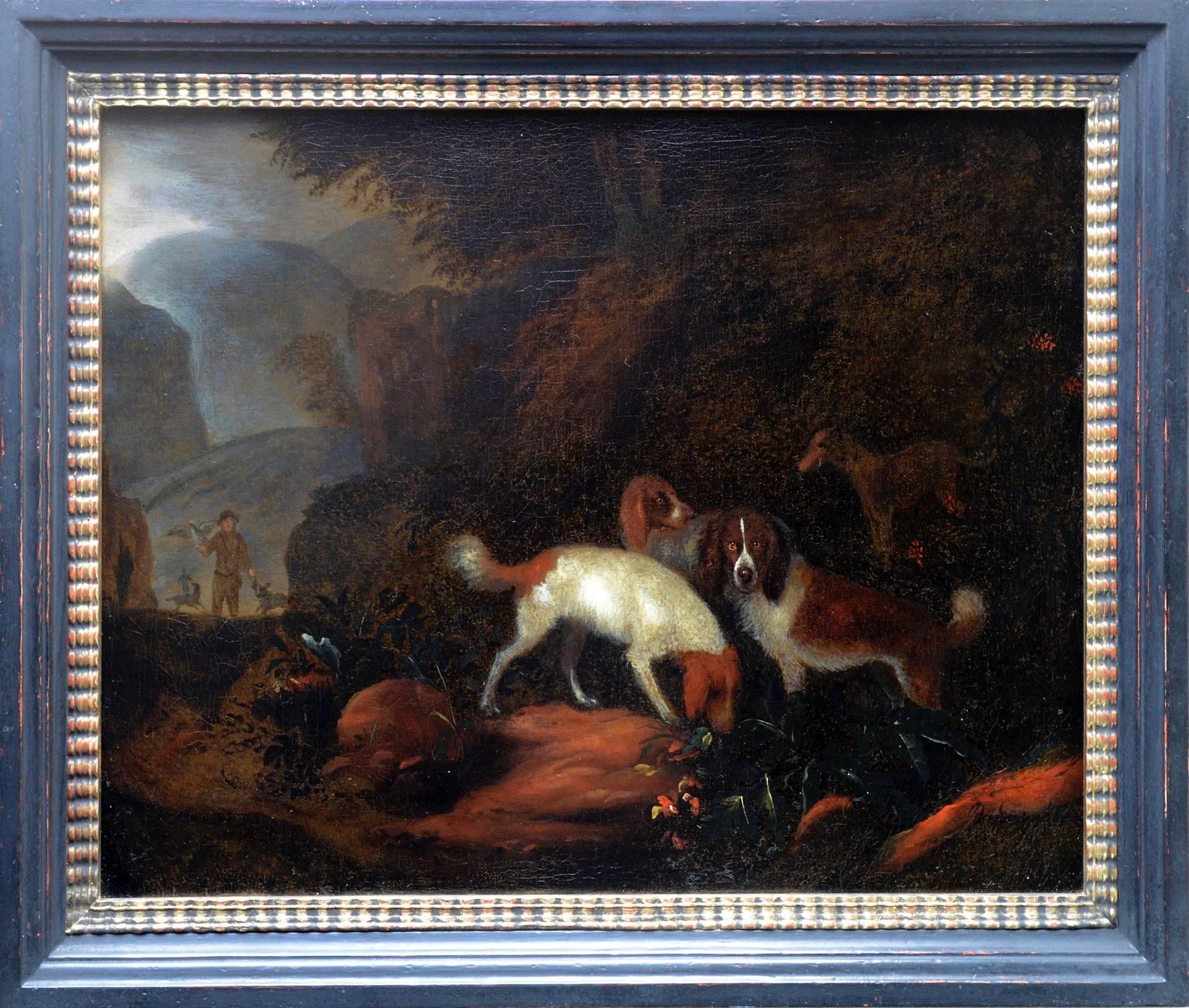 Dutch, 17th century. Pair of hunting scenes with dogs - Painting by Circle of Adriaen Cornelisz Beeldemaker