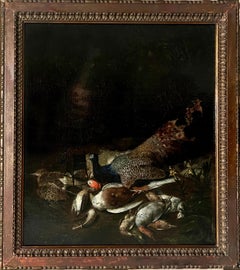 trophée de chasse du 18e siècle avec un paon, des canards et des gibiers - maître néerlandais ancien