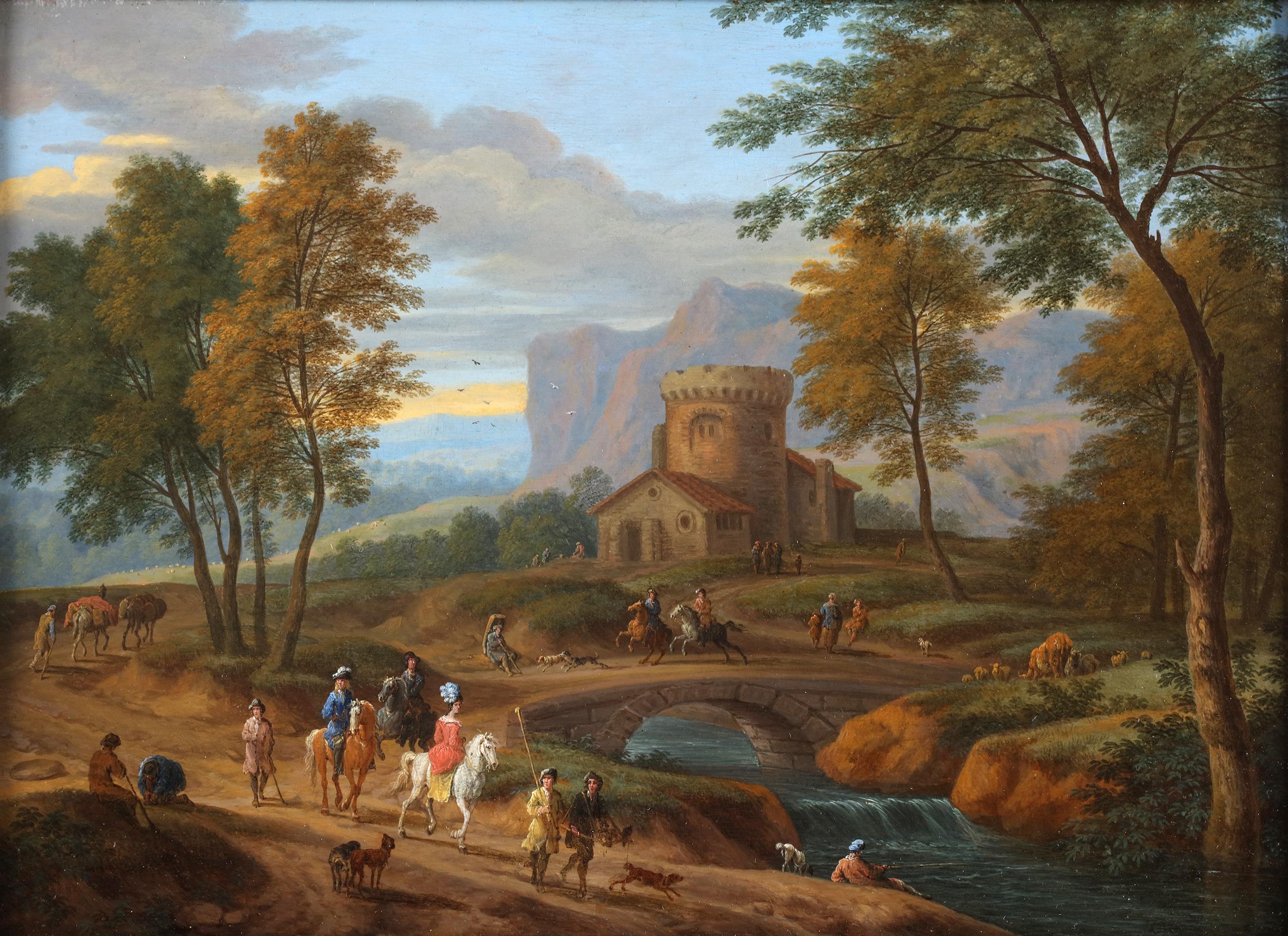 Oil on panel 

 In his artwork, a group of individuals returns from a successful hunt, their figures silhouetted against a backdrop of serene natural beauty.

The horses trot with elegance, while a several enthusiastic hounds follows closely, their