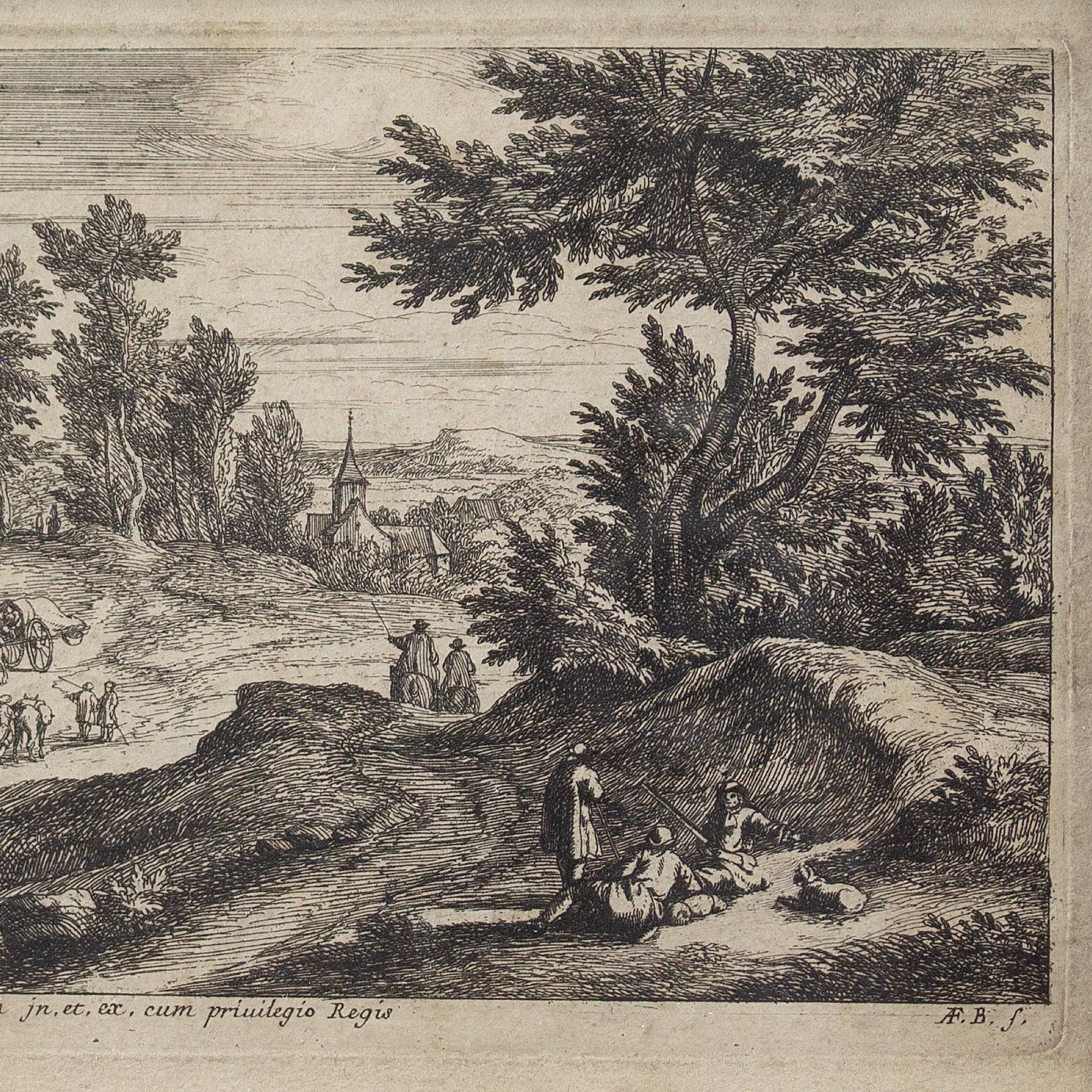 This 17th-century engraving by Flemish draughtsman Adriaen Frans Boudewyns (1644-1719) is after a painting by Adam-François van der Meulen (1632-1690). It depicts the French calvary of Louis XIV resting unscathed following another military