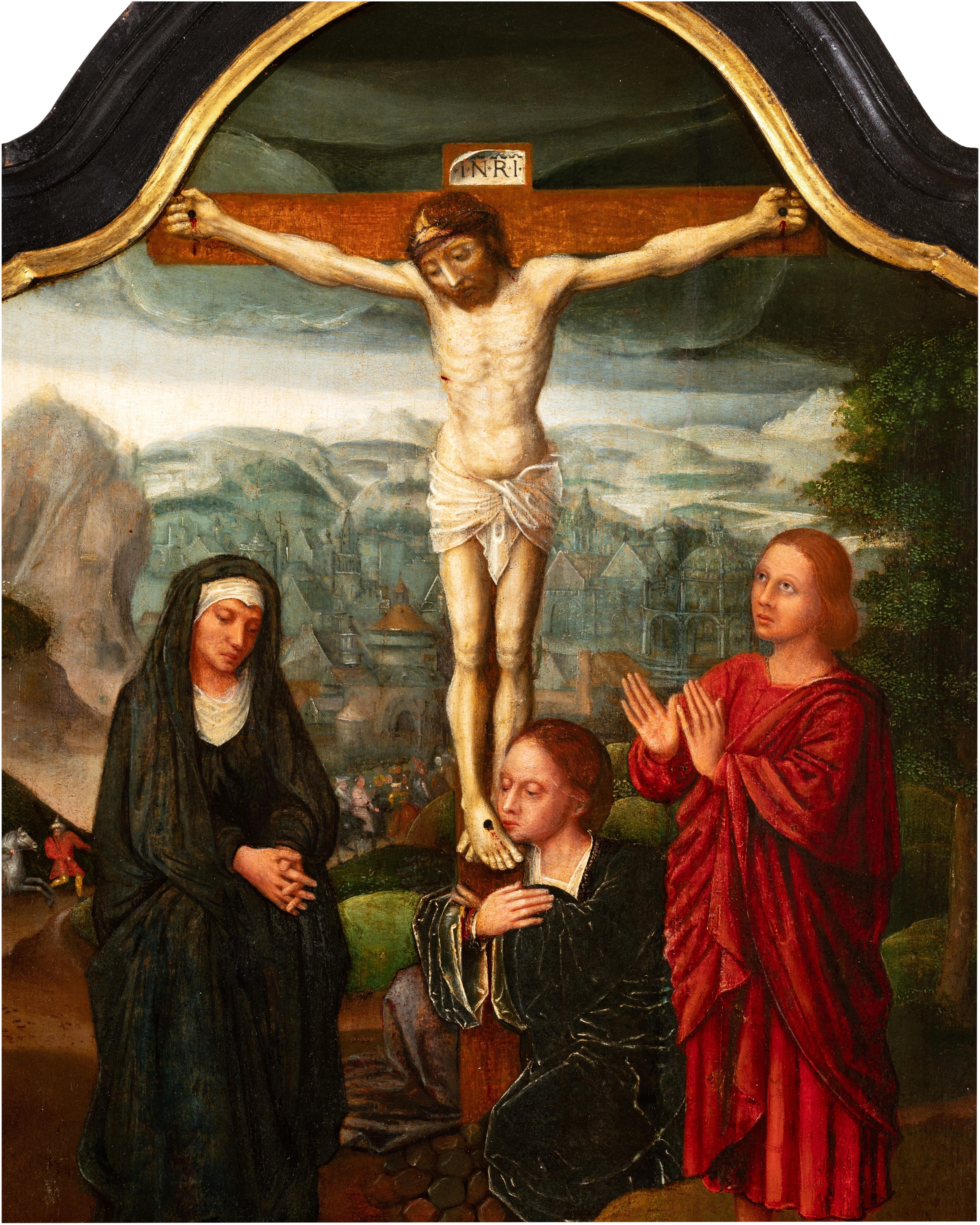 Crucifixión, escuela de Brujas, flamenco, mediados del siglo XVI - Painting de Adriaen Isenbrandt