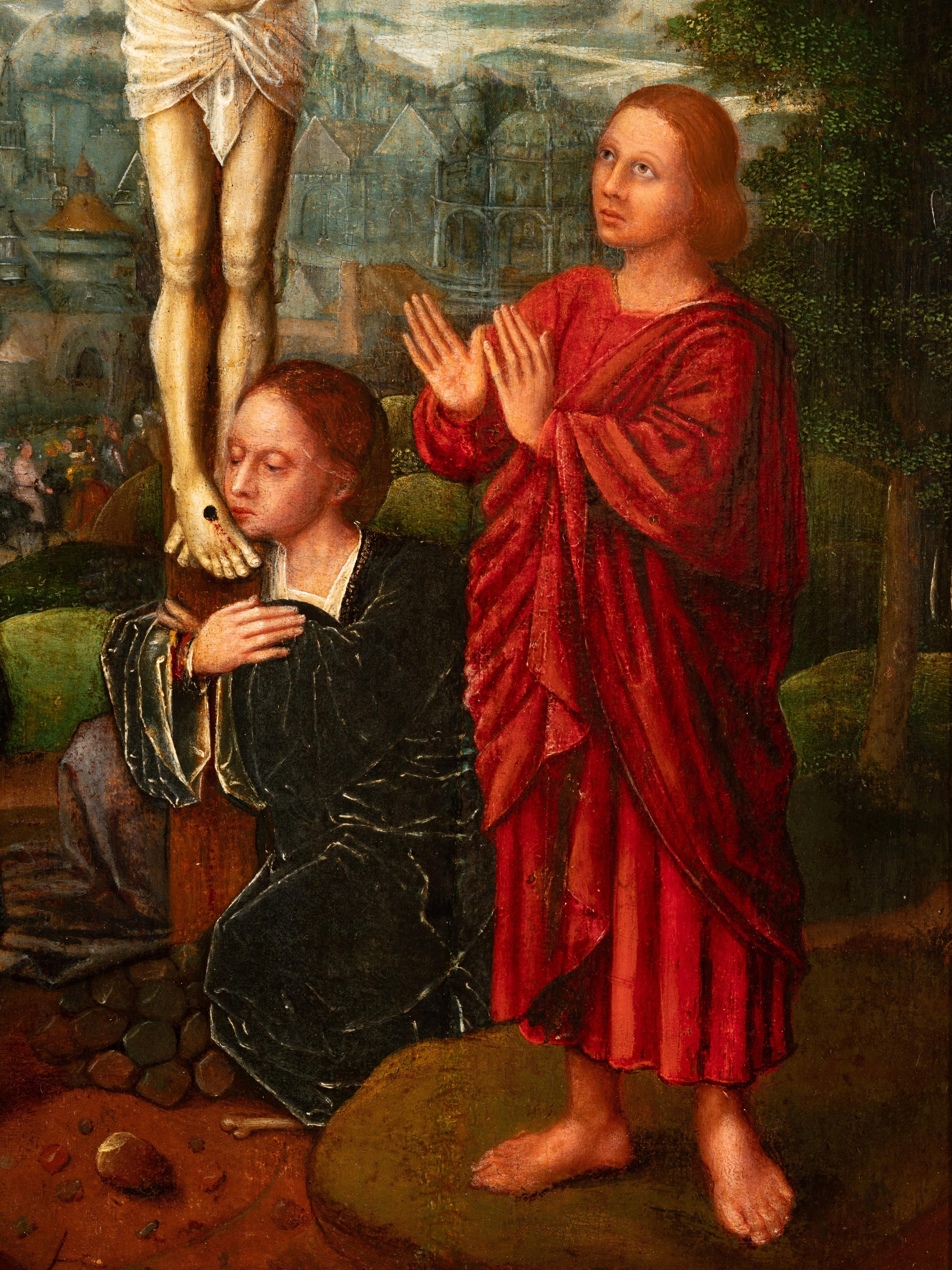 Crucifixión, escuela de Brujas, flamenco, mediados del siglo XVI - Figurative Painting Marrón de Adriaen Isenbrandt