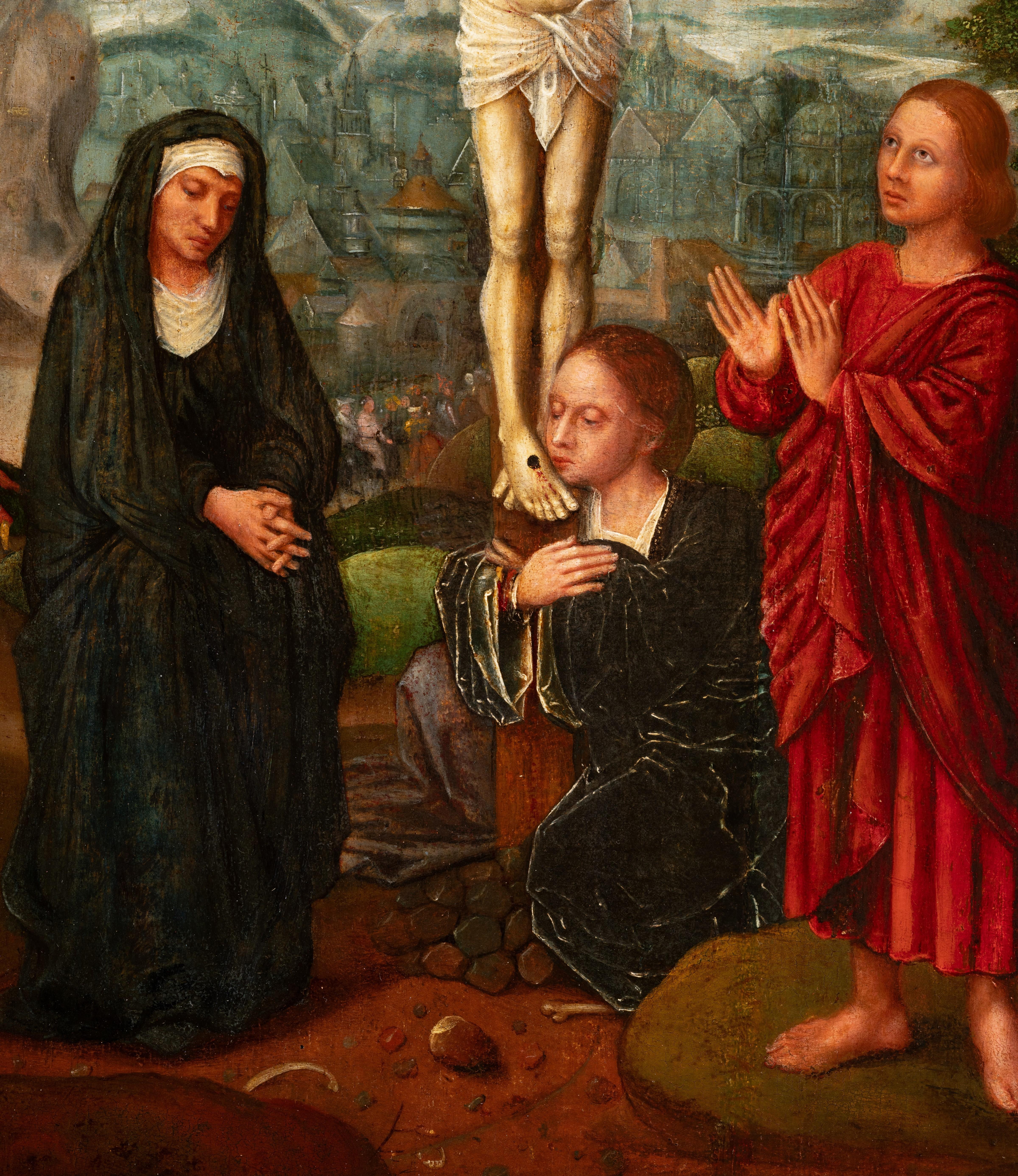 Crucifixión, círculo de Adriaen Isenbrandt, mediados del siglo XVI
Escuela de Brujas, círculo de Adriaen Isenbrandt (actif 1510-1551)
Óleo sobre tabla de roble con su marco original ebonizado
Dimensiones : 53,50 cm x 40 cm

Nuestro panel,