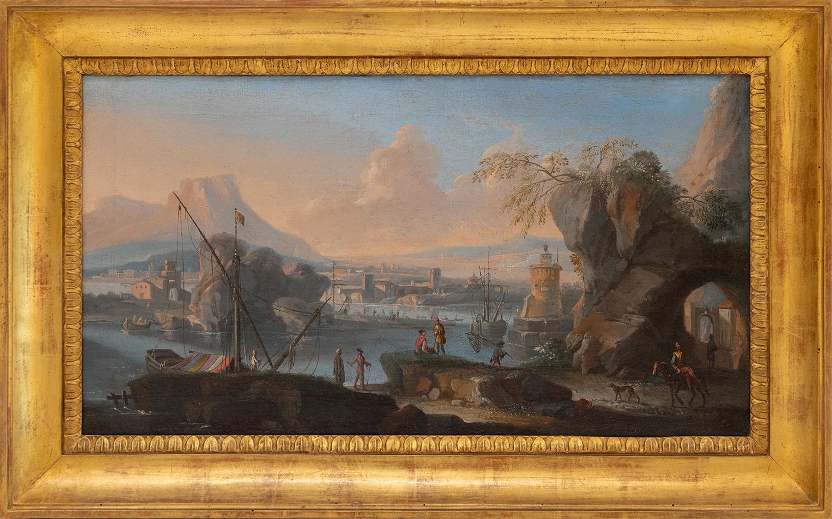 Une scène portuaire méditerranéenne dans un paysage de Capriccio - Painting de Adriaen van der Cabel