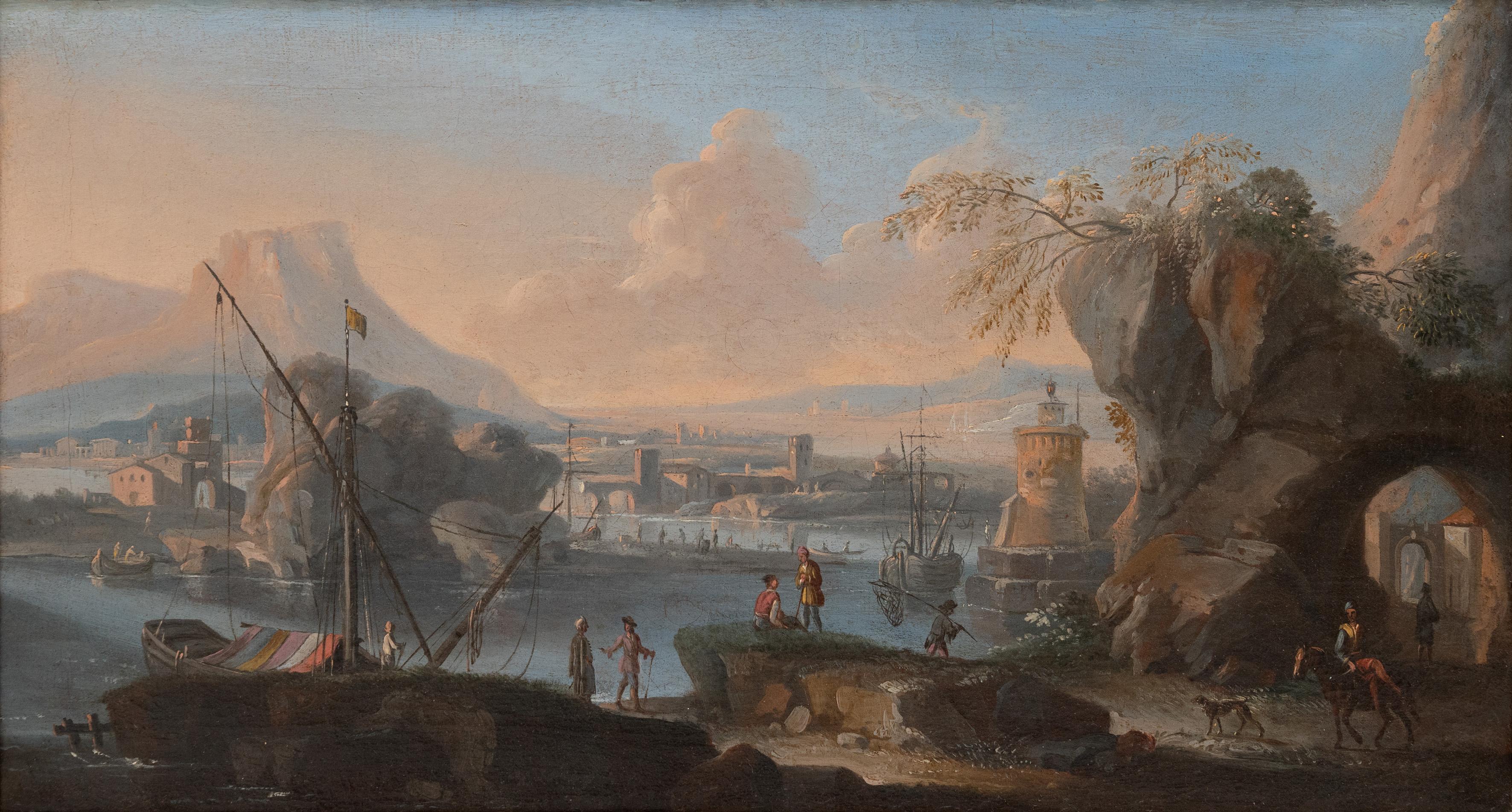 Adriaen van der Cabel Landscape Painting - A Mediterranean harbour scene in a Capriccio landscape