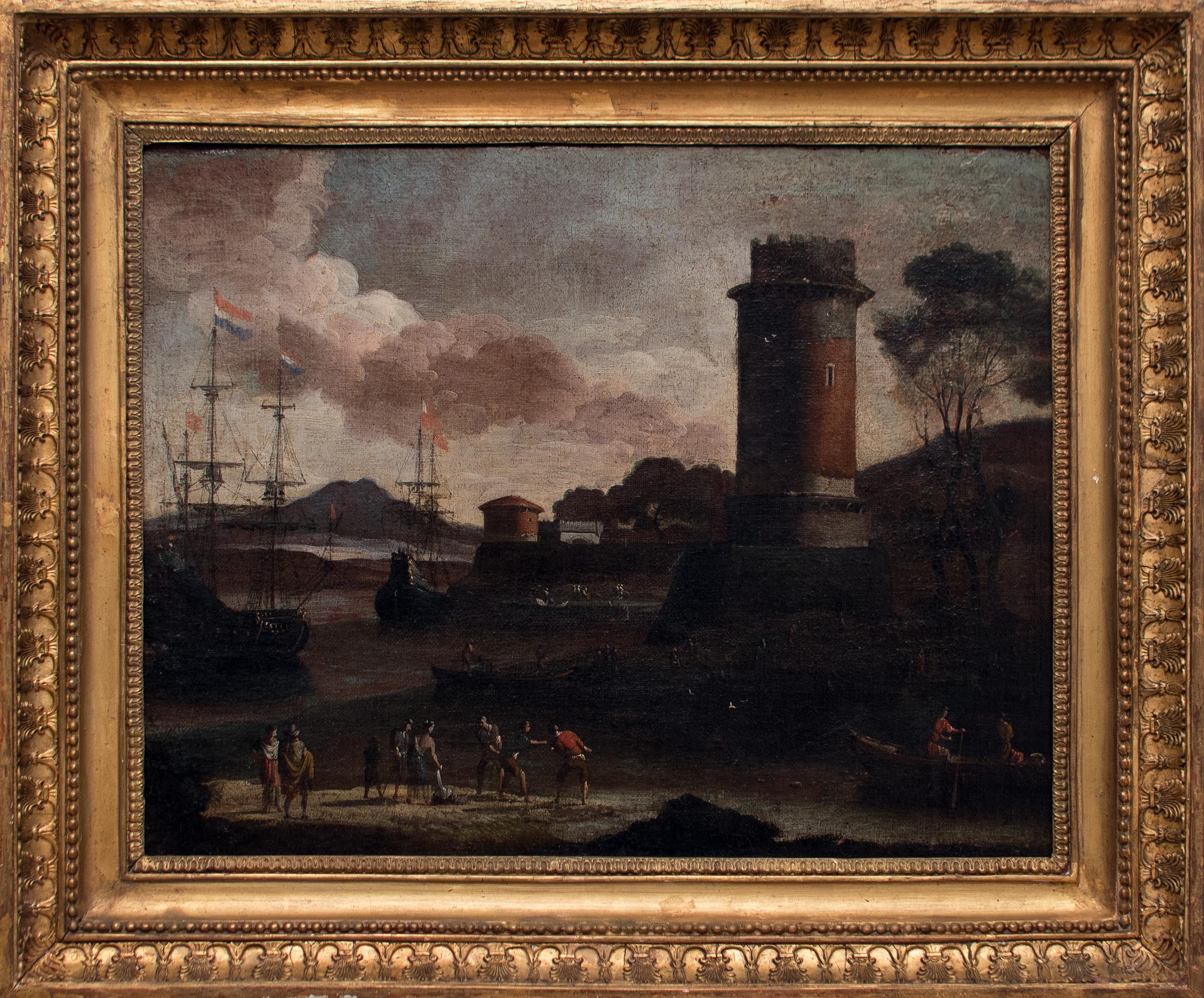Port View with Tower - Original Oil on Canvas by Adriaen van Der Cabel - 1600 - Painting by Adriaen van der Cabel