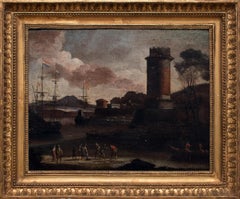 Port View with Tower - Original Oil on Canvas by Adriaen van Der Cabel - 1600