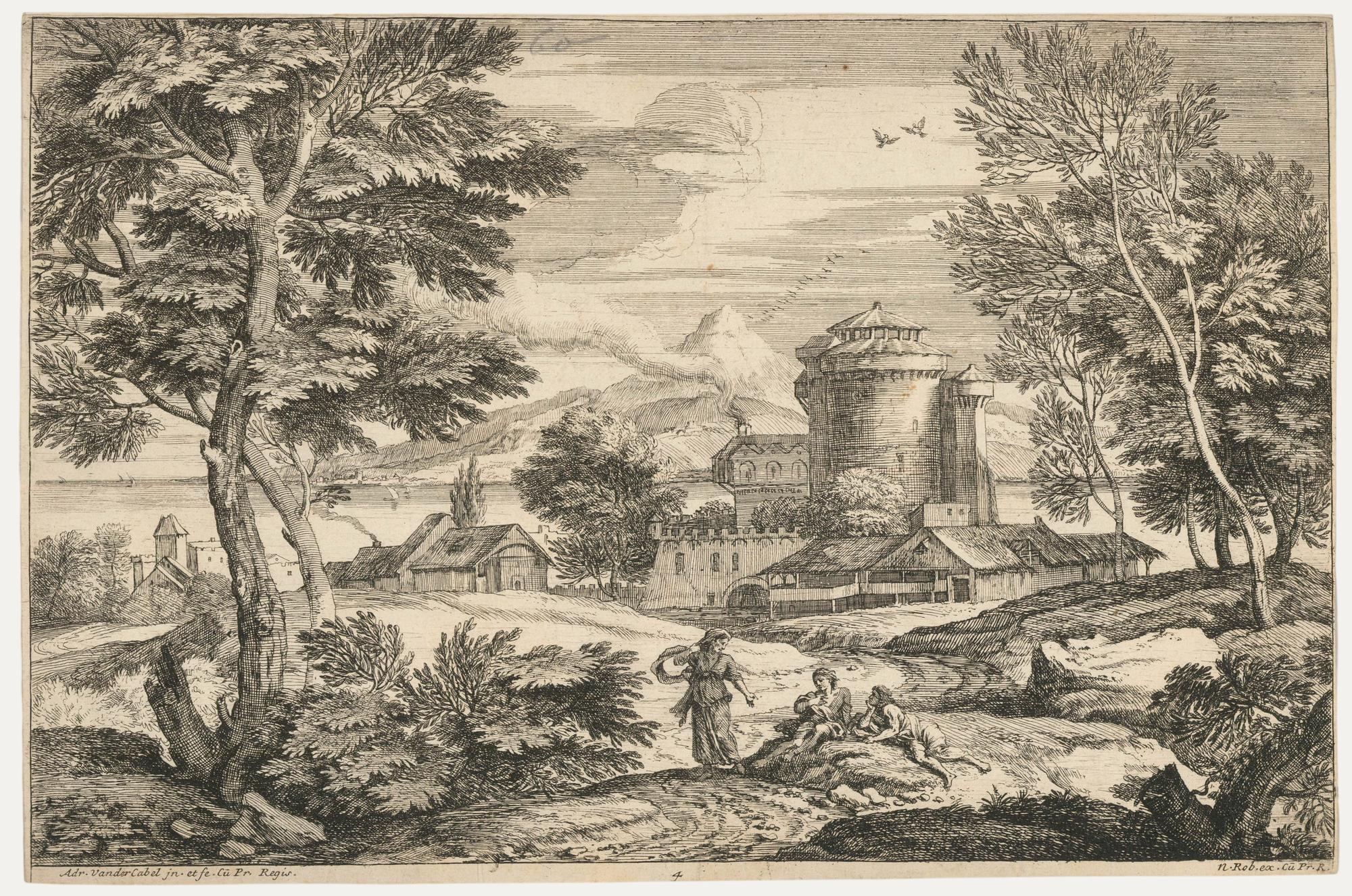 Adriaen van der Cabel (1631-1705) - 17th Century Etching, Figures in a Landscape