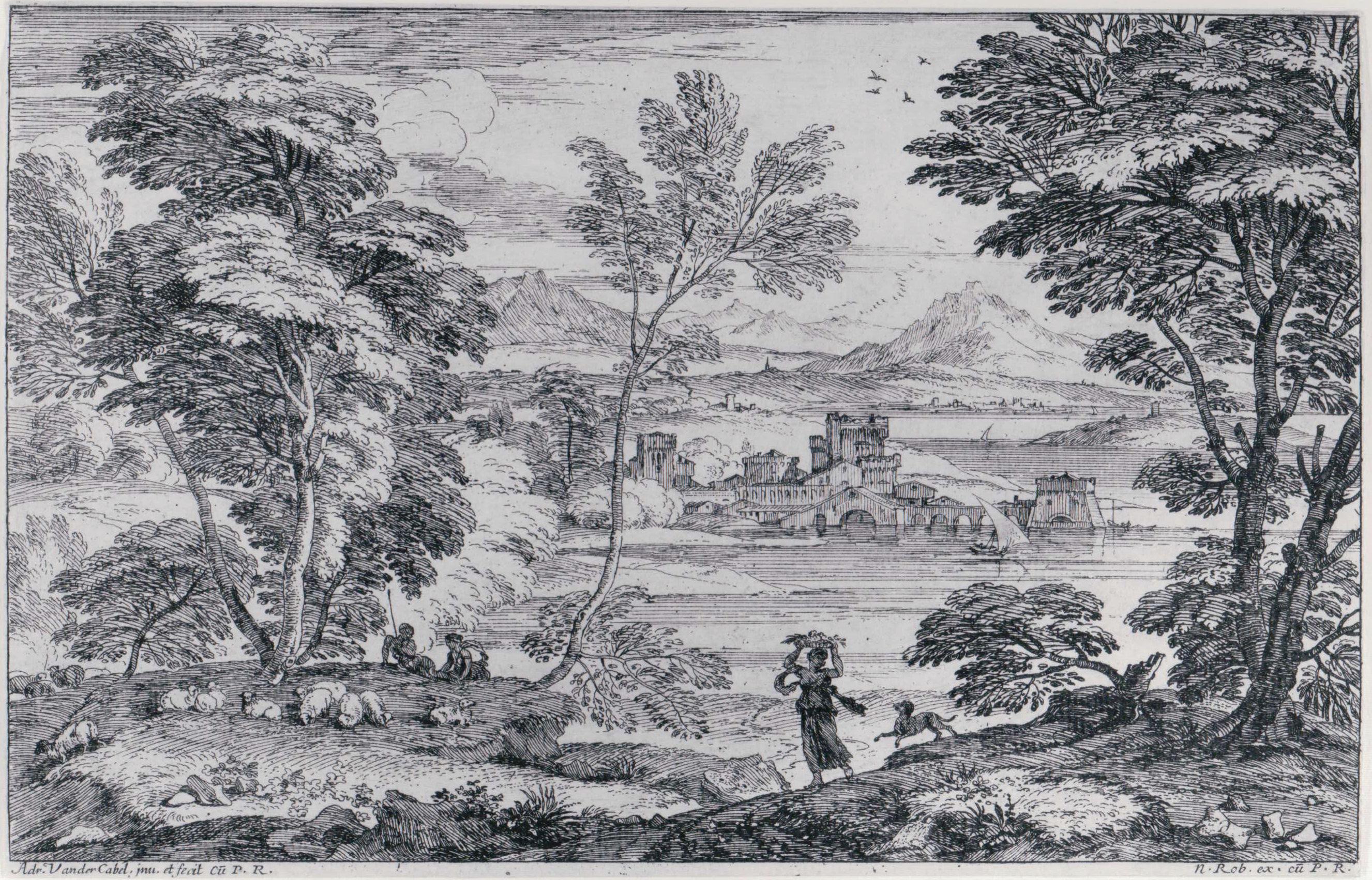 Adriaen van der Cabel Landscape Print - Landscape with a Maiden and her Dog 