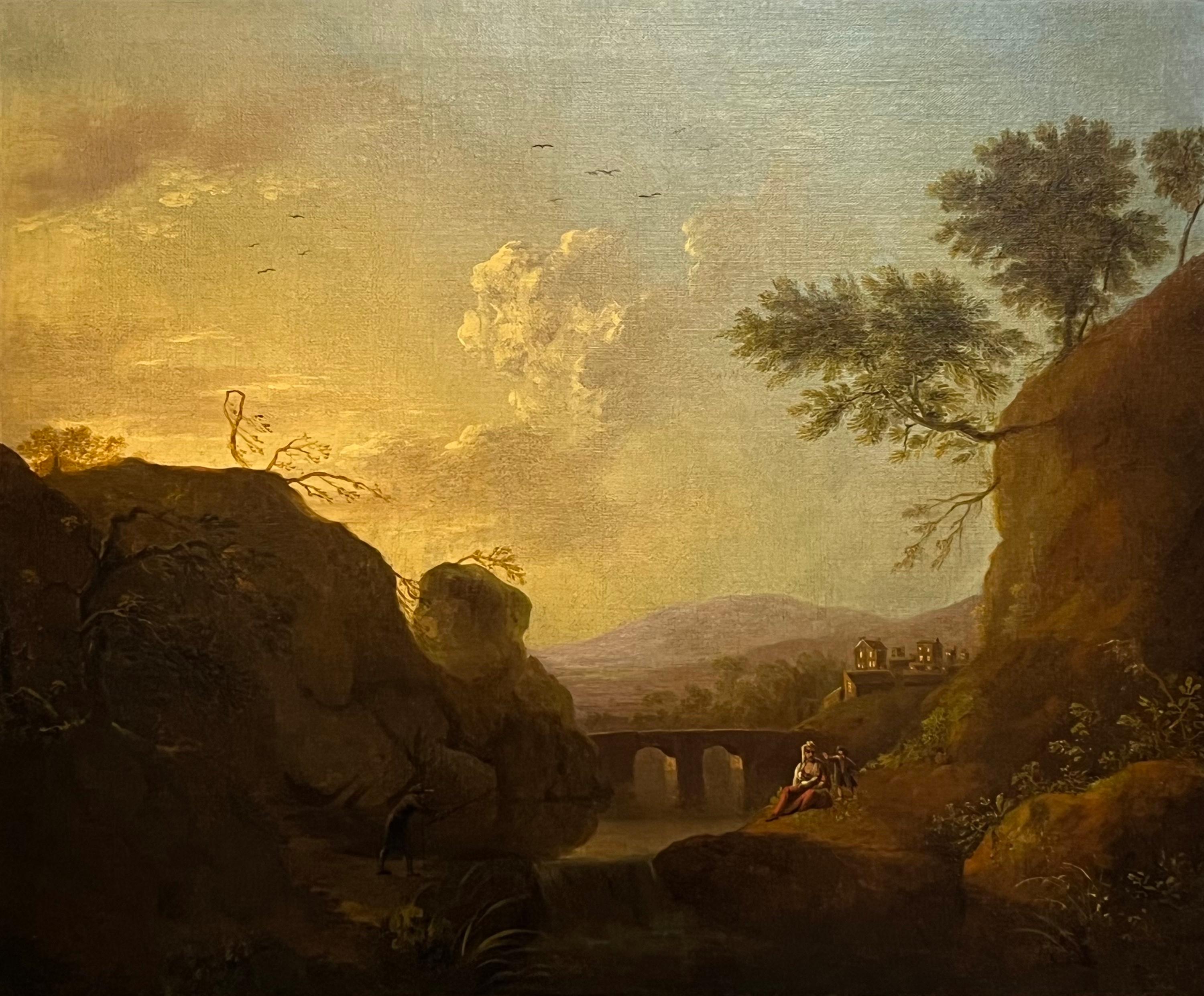 A classical landscape with figures resting on a bank before a viaduct - Painting by Adriaen van Diest