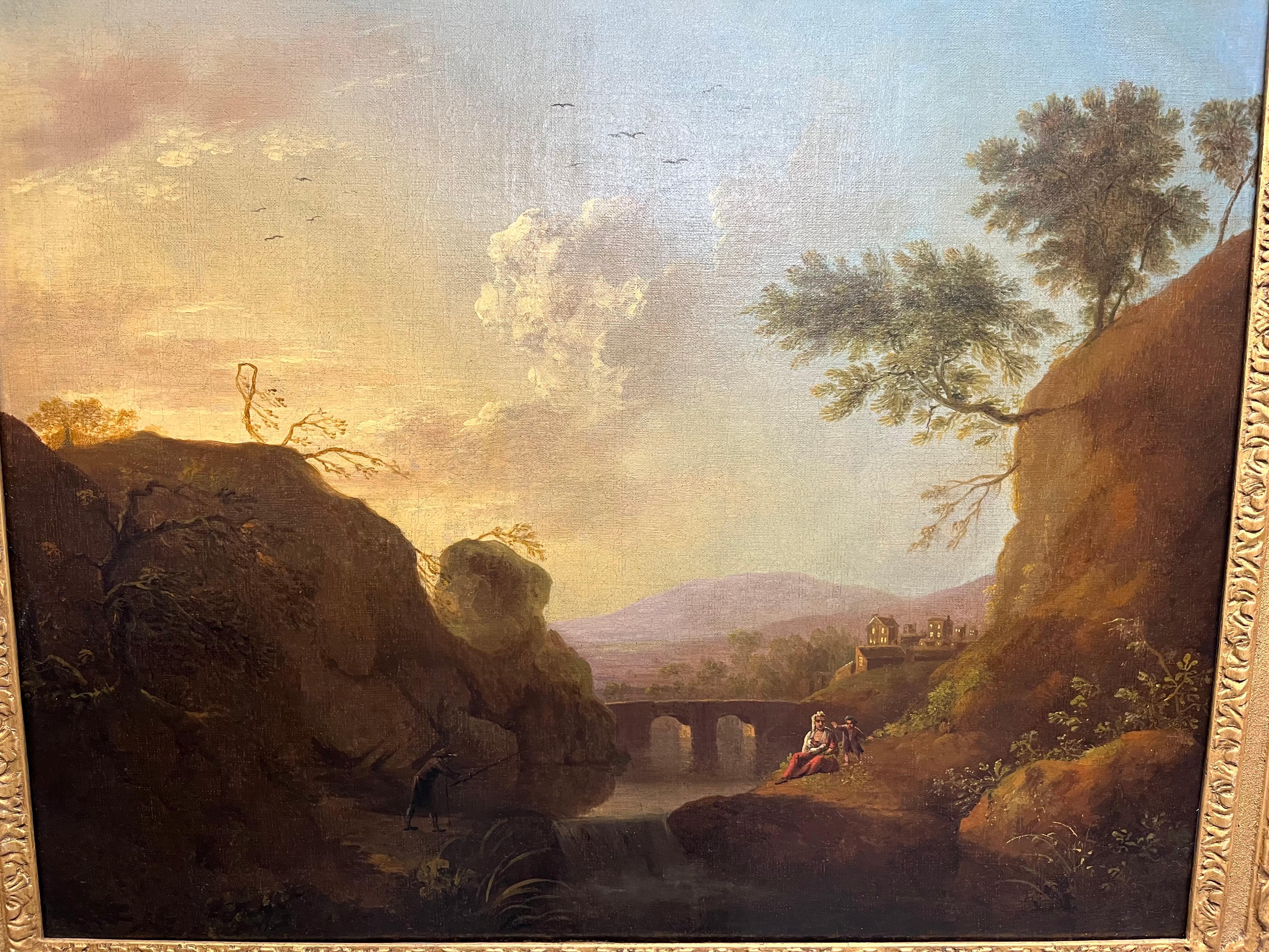 Adriaen van Diest (1655-1704)
Classical landscape with figures resting and a gentleman fishing before a viaduct
Oil on canvas
Canvas Size - 24 1/2 x 30 in
Framed Size - 32 x 37 in

Provenance
The Collection of The Rt. Hon. The Earl of Castle Stewart