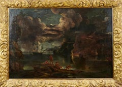 Huge 17th Century Old Master Oil - The Burning Ship Night time Marine Landscape