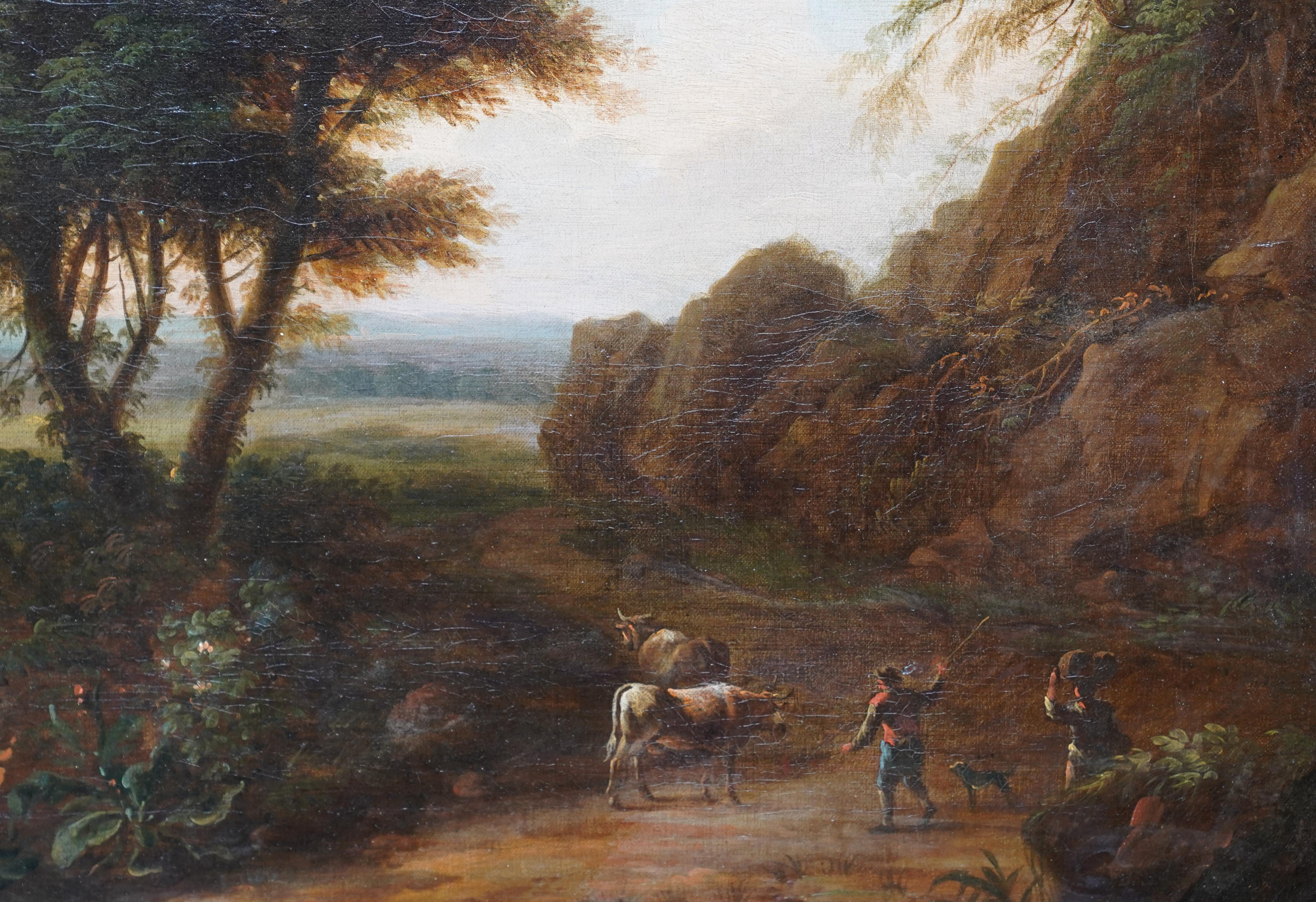 This simply stunning large Old Master landscape oil painting is attributed to noted Dutch artist Adriaen van Diest. Painted circa 1700 this Mediterranean Italian landscape painting has everything; A really interesting landscape with land, river, sea