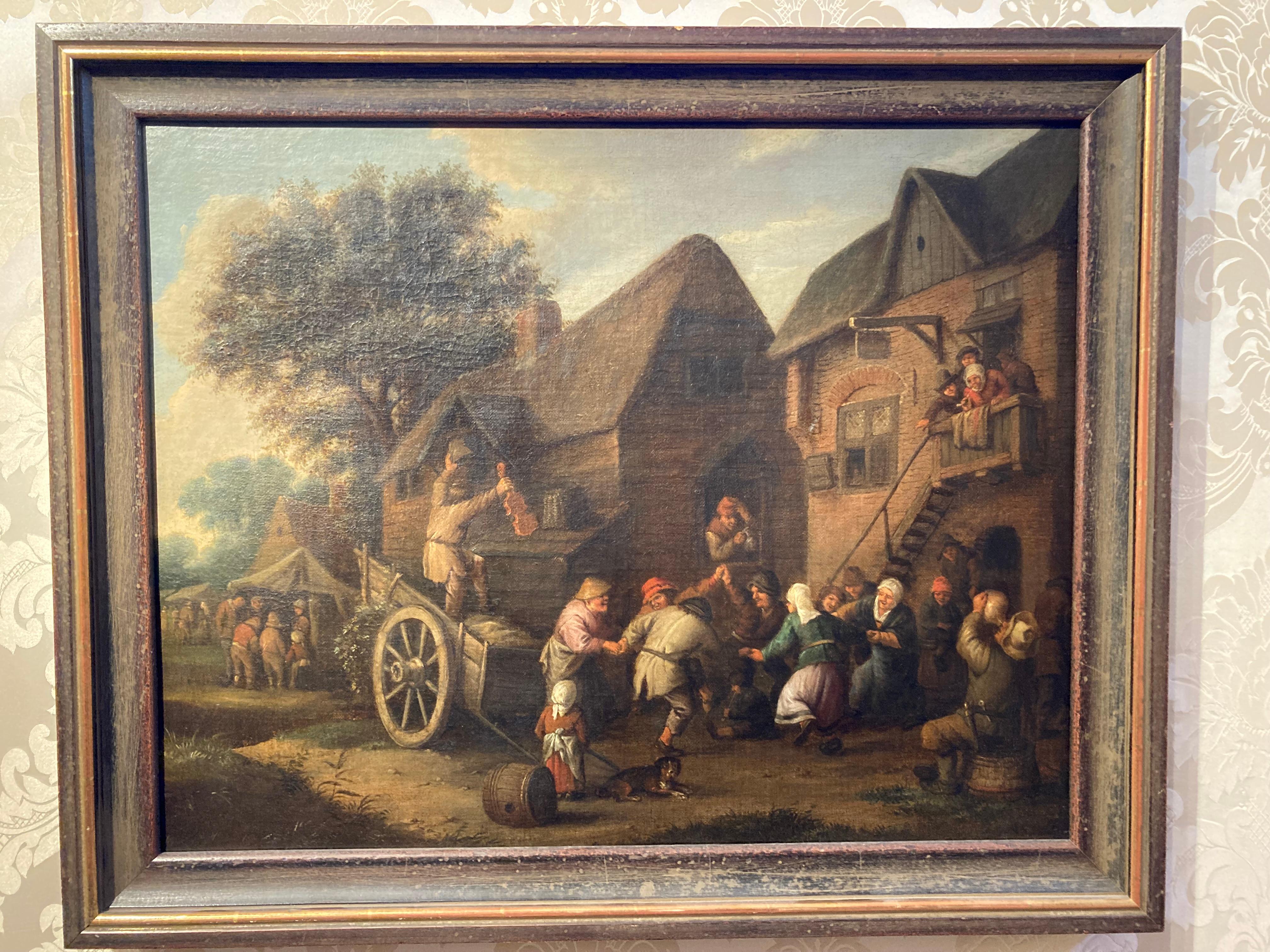 Circle of Adriaen or Isaac van Ostade, Peasants dancing and drinking by an Inn - Painting by Adriaen van Ostade