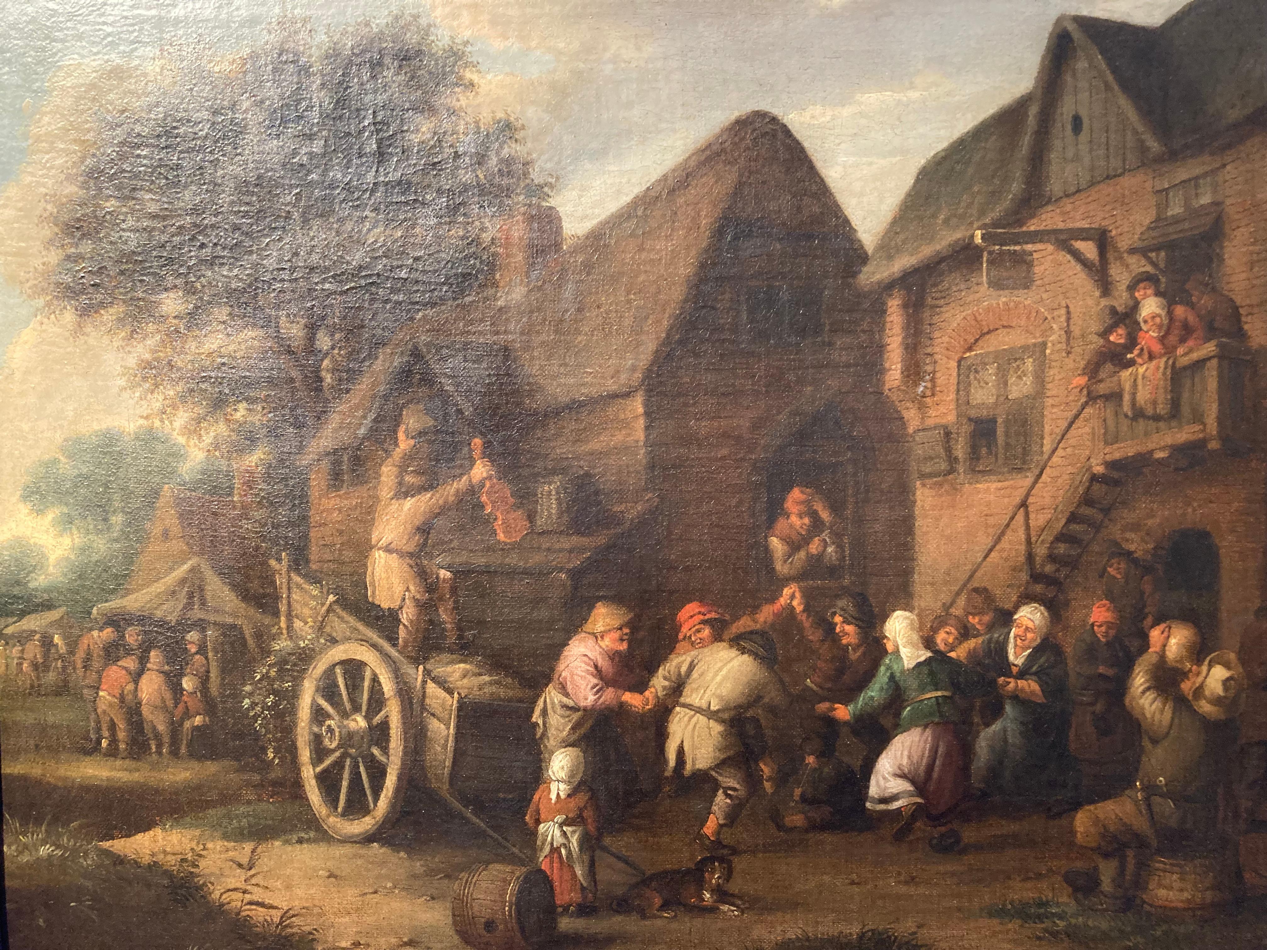 Circle of Adriaen or Isaac van Ostade, Peasants dancing and drinking by an Inn - Baroque Painting by Adriaen van Ostade