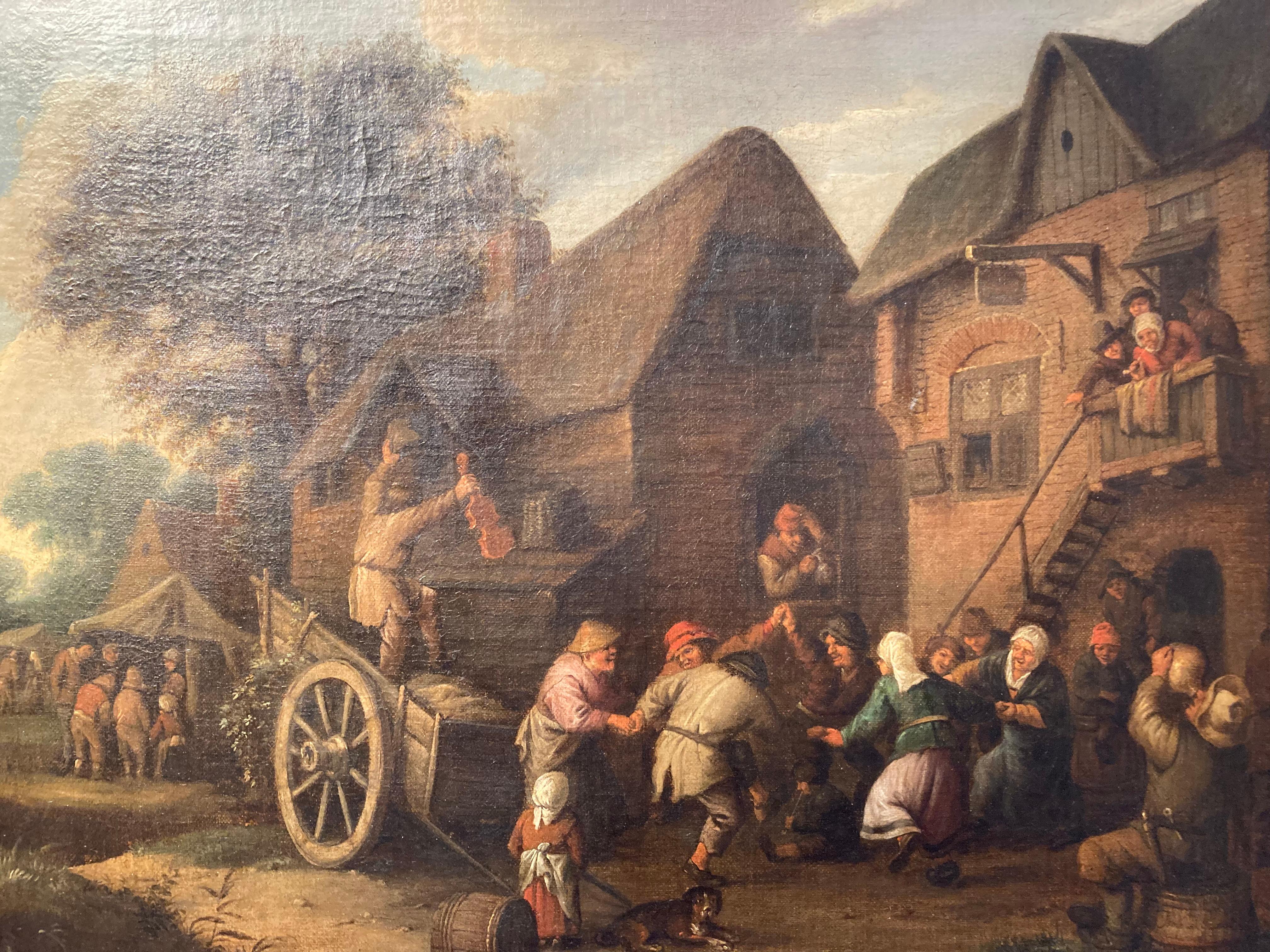 Circle of Adriaen van Ostade, Peasants in a Landscape drinking and dancing by an Inn. Oil on canvas, signed 