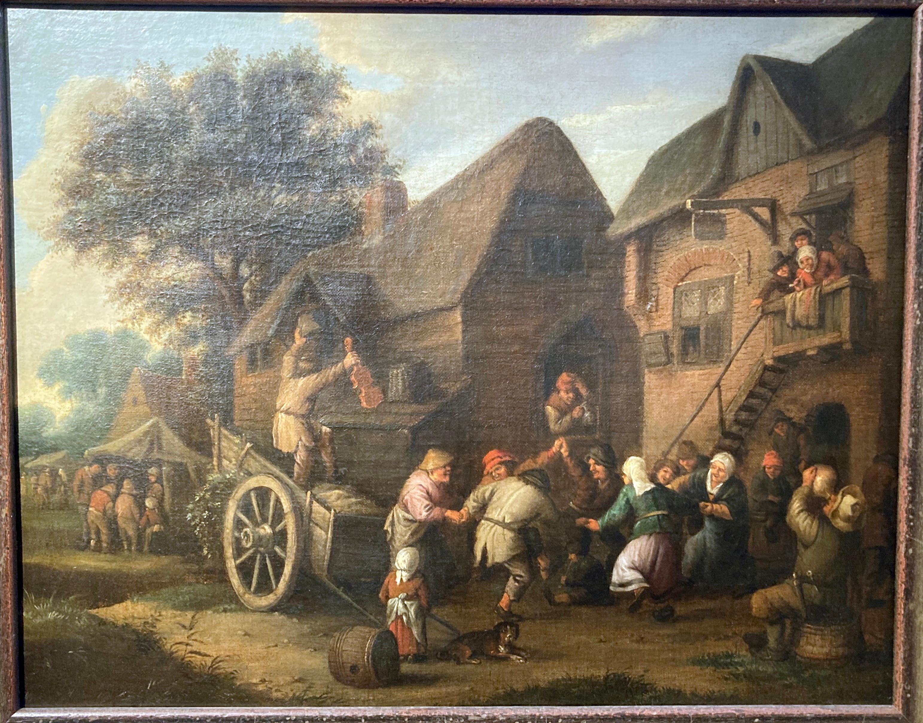 Adriaen van Ostade Landscape Painting - Circle of Adriaen or Isaac van Ostade, Peasants dancing and drinking by an Inn