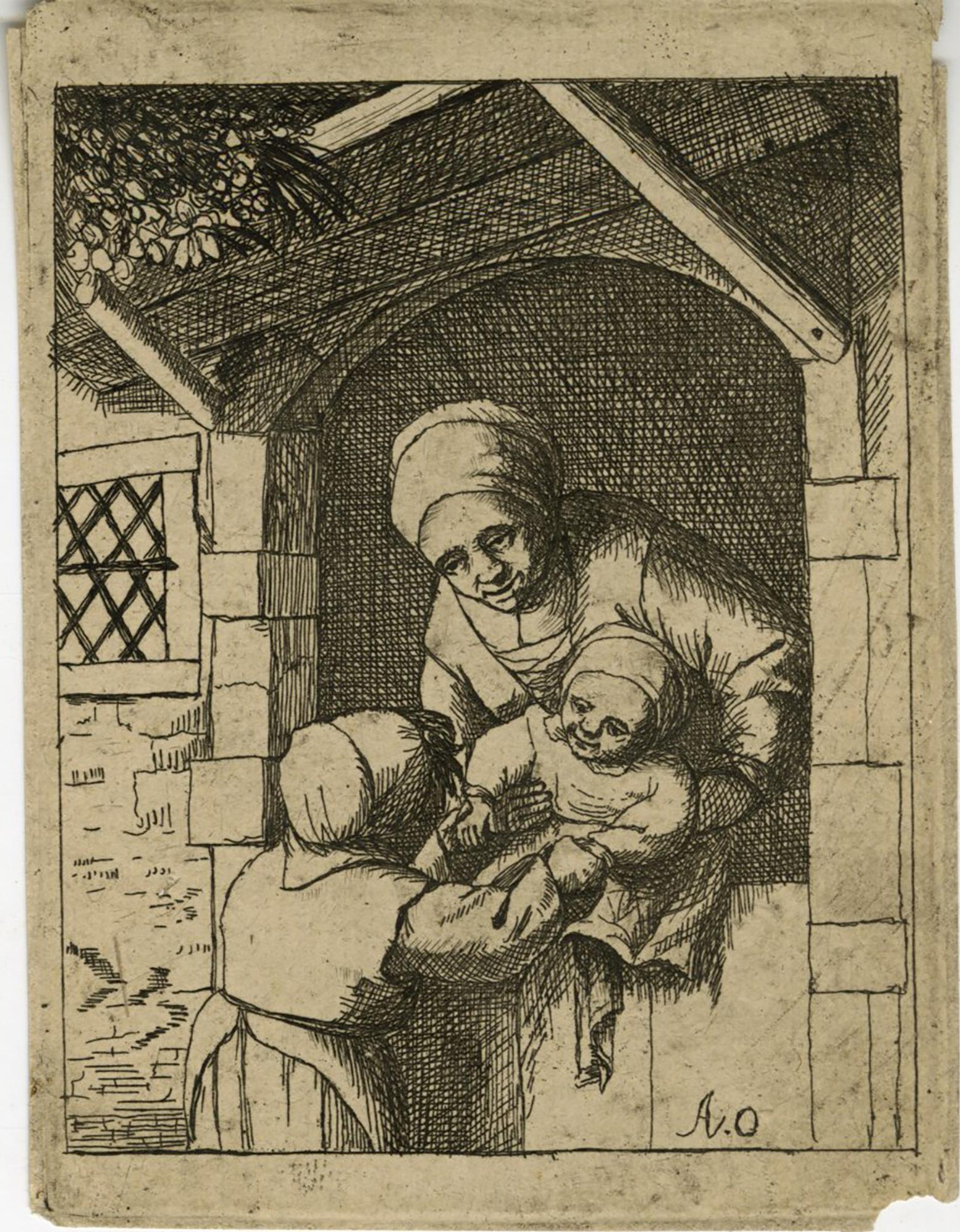 Figurative Print Adriaen van Ostade - Petite fille jouant avec un bébé aux bras de sa mère