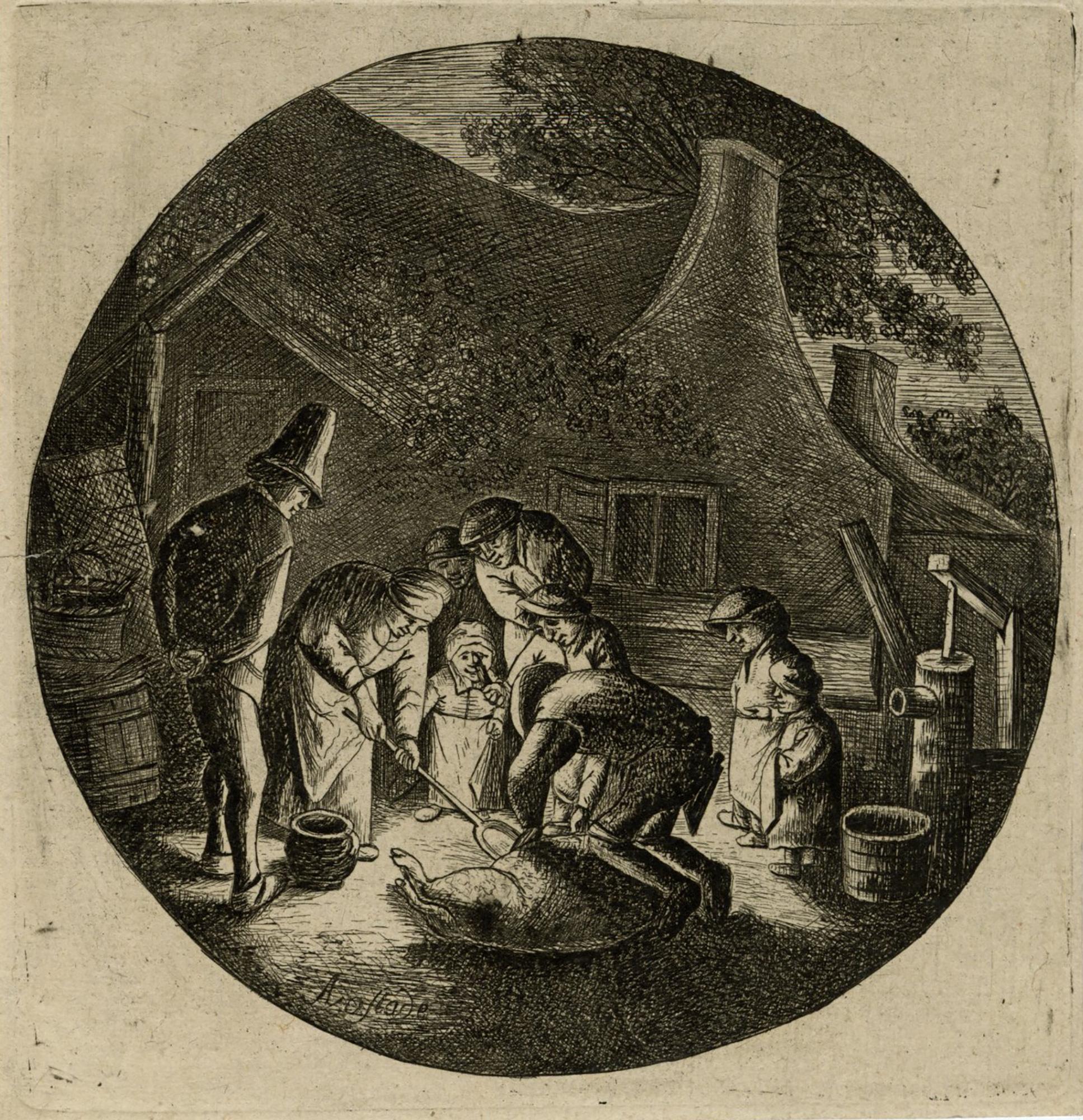 Portrait Print Adriaen van Ostade - Les tueurs de porc, de David Deuchar d'après Ostade