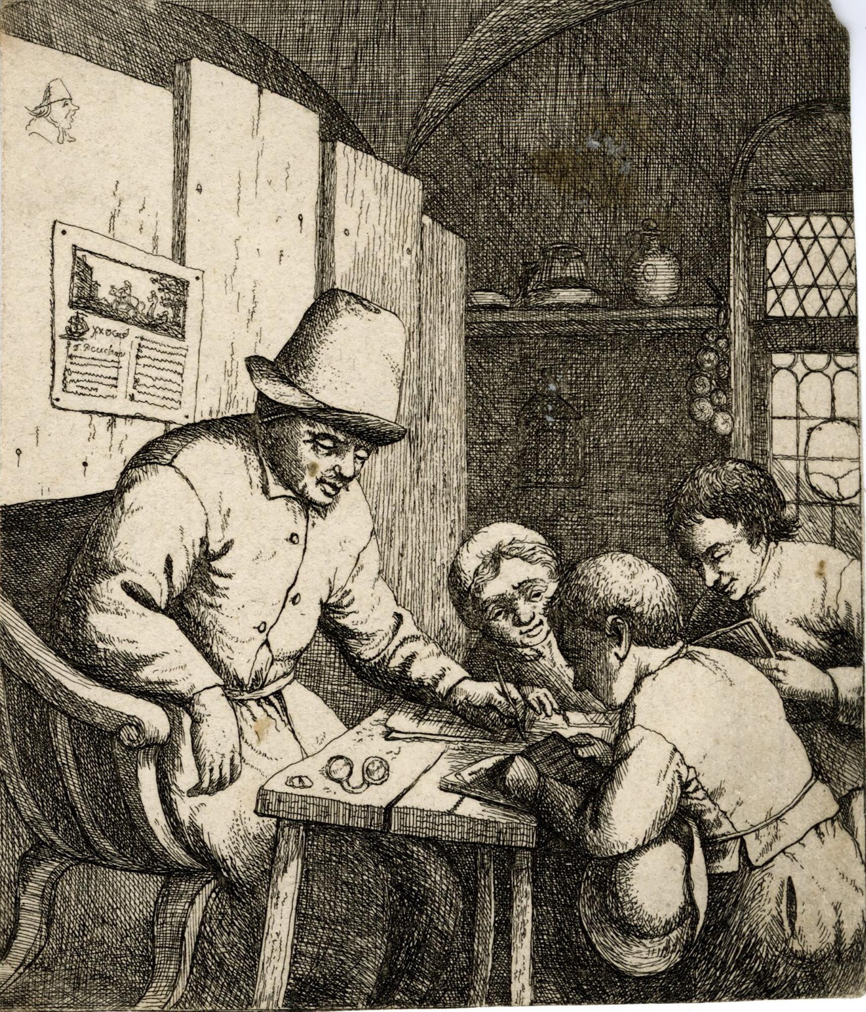 Adriaen van Ostade Portrait Print – Der Schulmeister von David Deuchar nach Ostade