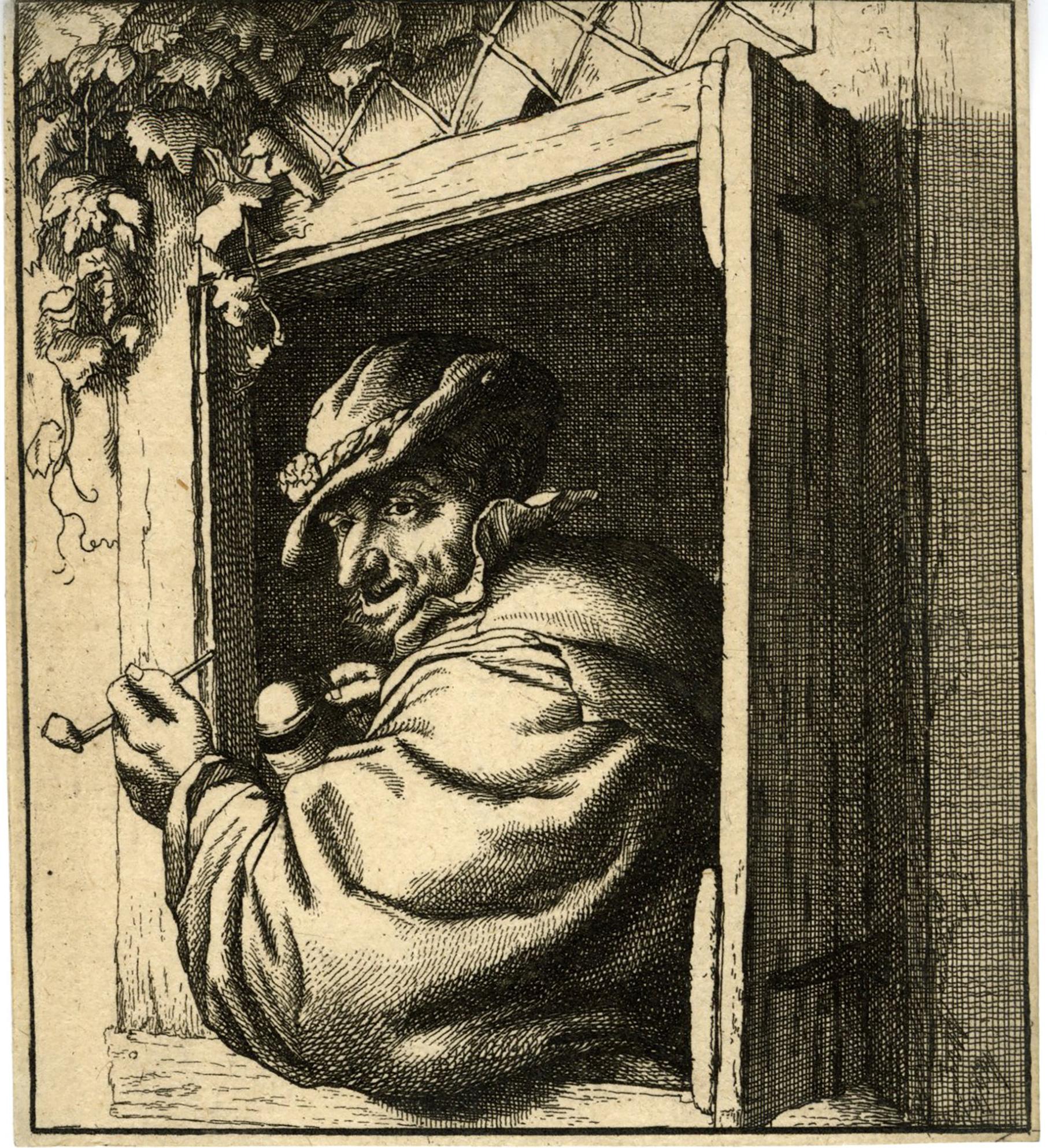 Adriaen van Ostade Portrait Print - The Smoker at the Window by David Deuchar, after Ostade