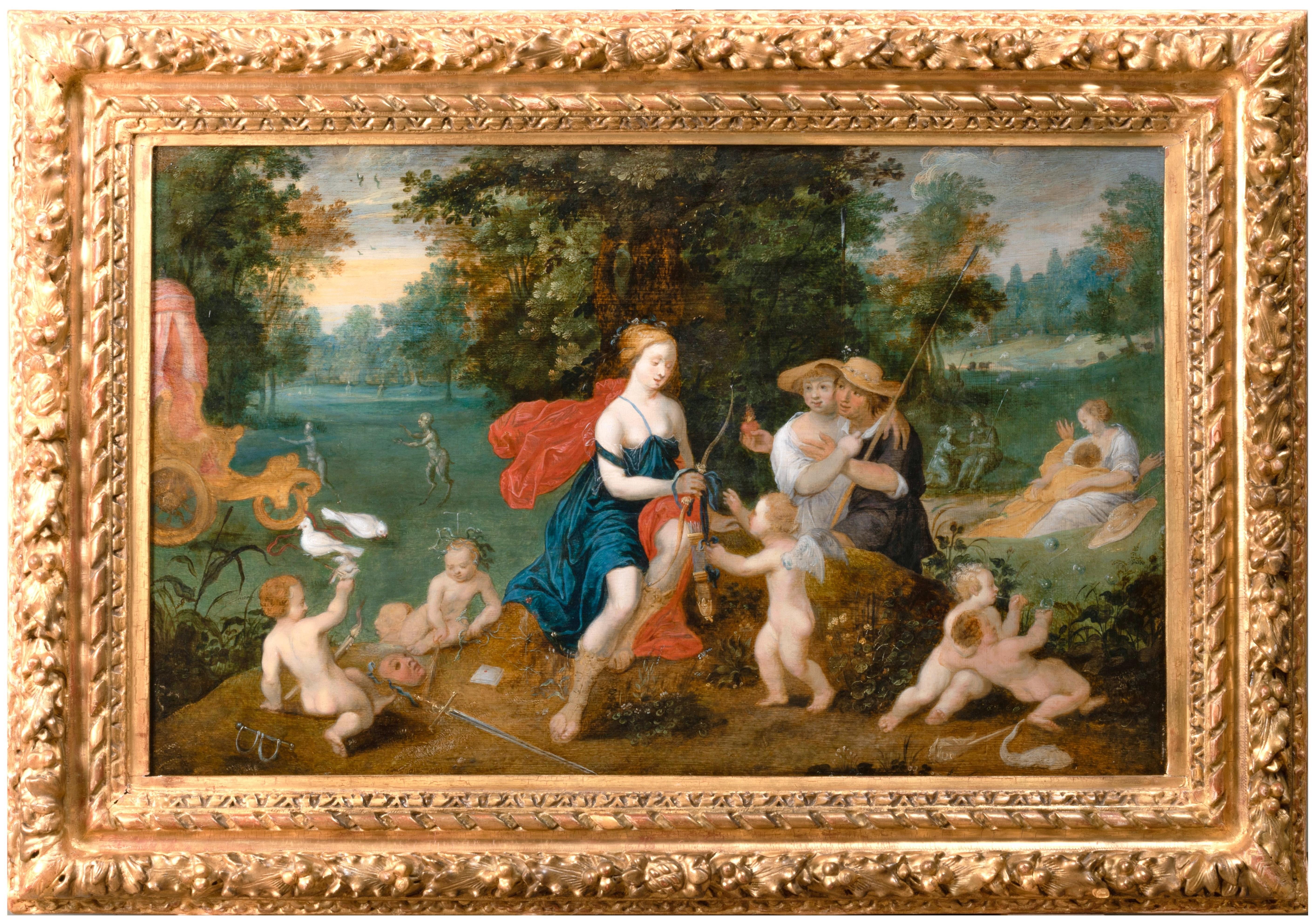 Adriaen van Stalbemt (Antwerp, 1580-1662)
Allegory of Peace and War, circa 1620-1630

Oil on oak panel: h. 49.5 cm, l. 73.2cm (19.29 x 28.74 in)
Giltwood frame with laurel leaves, Louis XIII period, 17th century
Framed dimensions: h. 64, l. 92cm