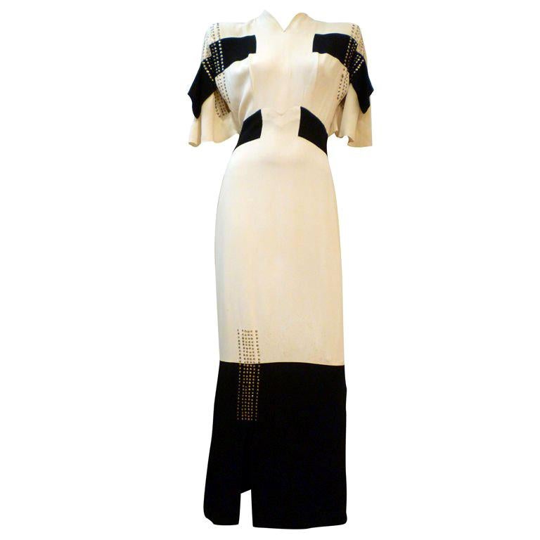 Adrian 1940er Jahre Kubistisches inspiriertes schwarz/weißes Kleid mit Paillettenblöcken