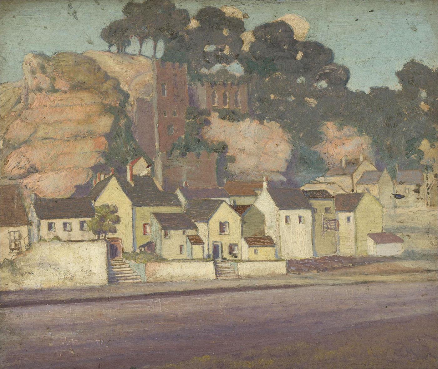 A very fine study in the style of Adrian Allinson (1890-1959), depicting little cottages on the edge of a canal with a ruined castle hovering above, clinging to the hillside. Well presented in a thick wood frame with gilt detail. Unsigned. On panel.
