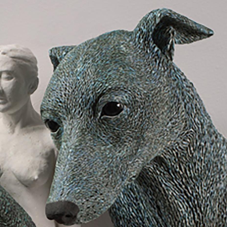 ANIMA AND ANIMUS - large ceramic sculpture, nude woman and two dogs (greyhound) - Sculpture by Adrian Arleo