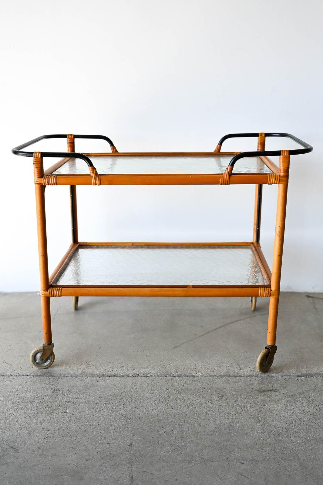 Mid-Century Modern Adrian Audoux and Frida Minet Bamboo Iron and Glass Bar Trolley, ca. 1950 For Sale